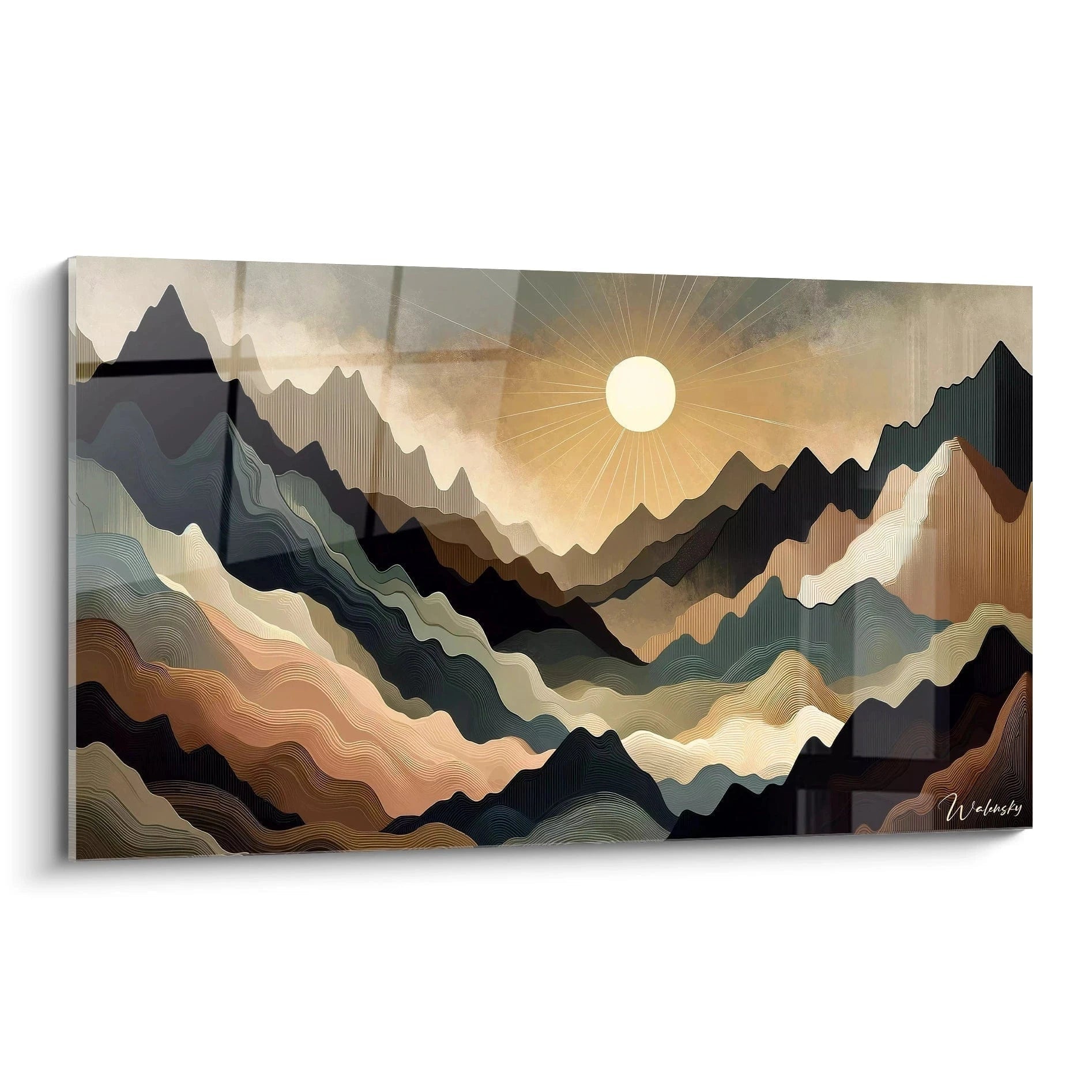 Un tableau abstrait de paysage montagneux aux lignes ondulantes. Dominé par des teintes noir, vert sauge, beige doré et brun terre. La texture présente des couches superposées de lignes courbes parallèles créant des formes de montagnes stylisées, avec un soleil blanc lumineux au centre émettant des rayons linéaires sur un ciel nuageux ocre.
