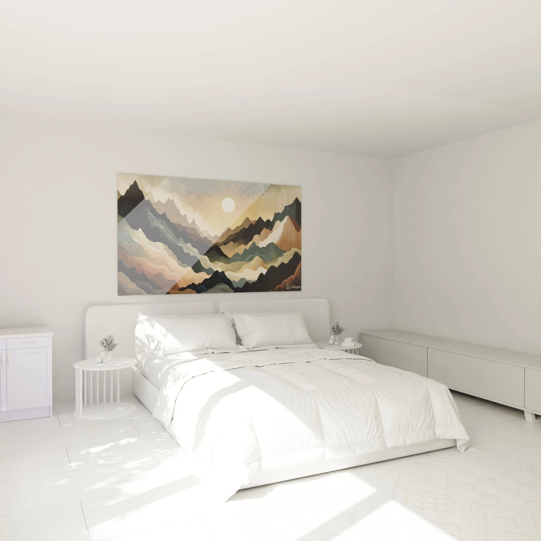 Un tableau abstrait de chaînes montagneuses stratifiées. La palette associe noir d'encre, vert-gris, sable doré et brun cuivré. Les textures combinent couches ondulantes aux contours nets composées de fines lignes parallèles, formant des montagnes abstraites qui s'entrecroisent sous un disque solaire parfait irradiant dans un ciel texturé.
