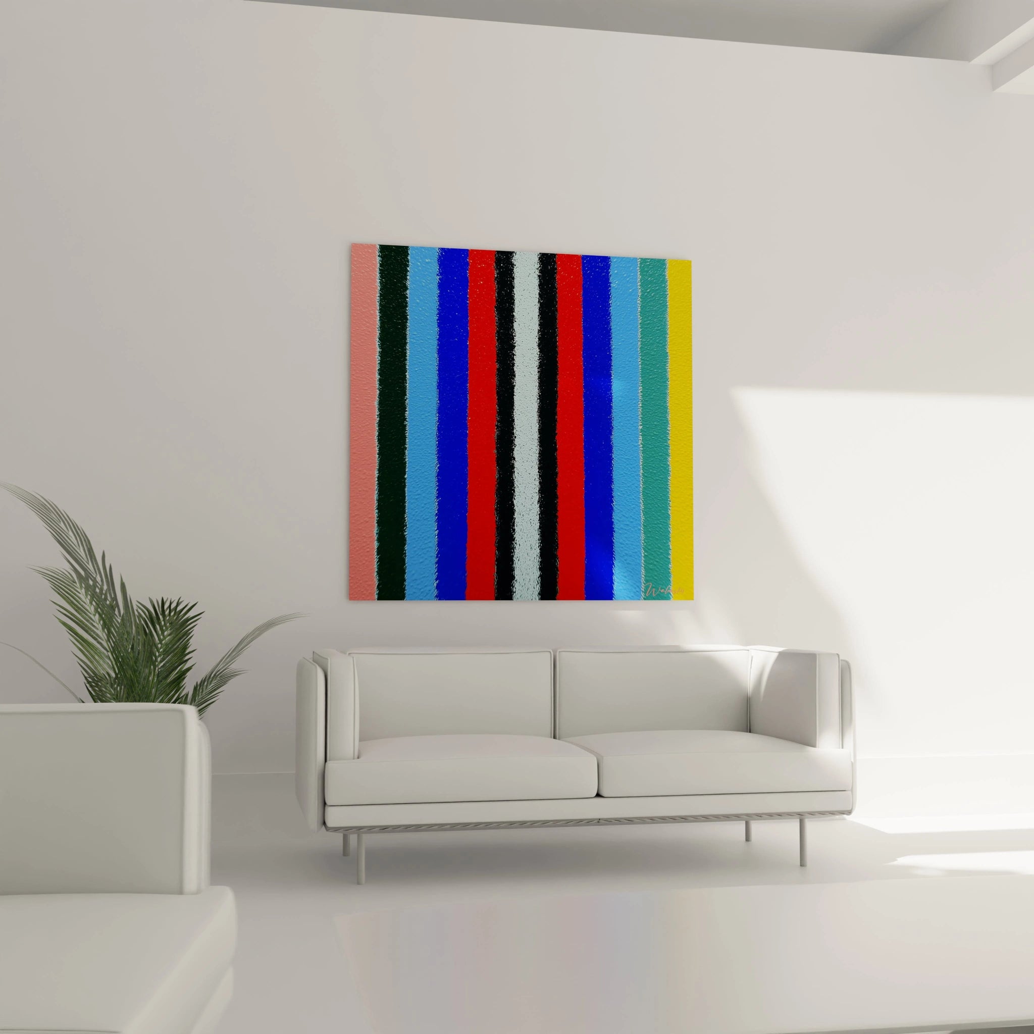 tableau op art rayures Walensky multicolore bandes verticales accroche au dessus d un canape blanc dans un salon minimaliste