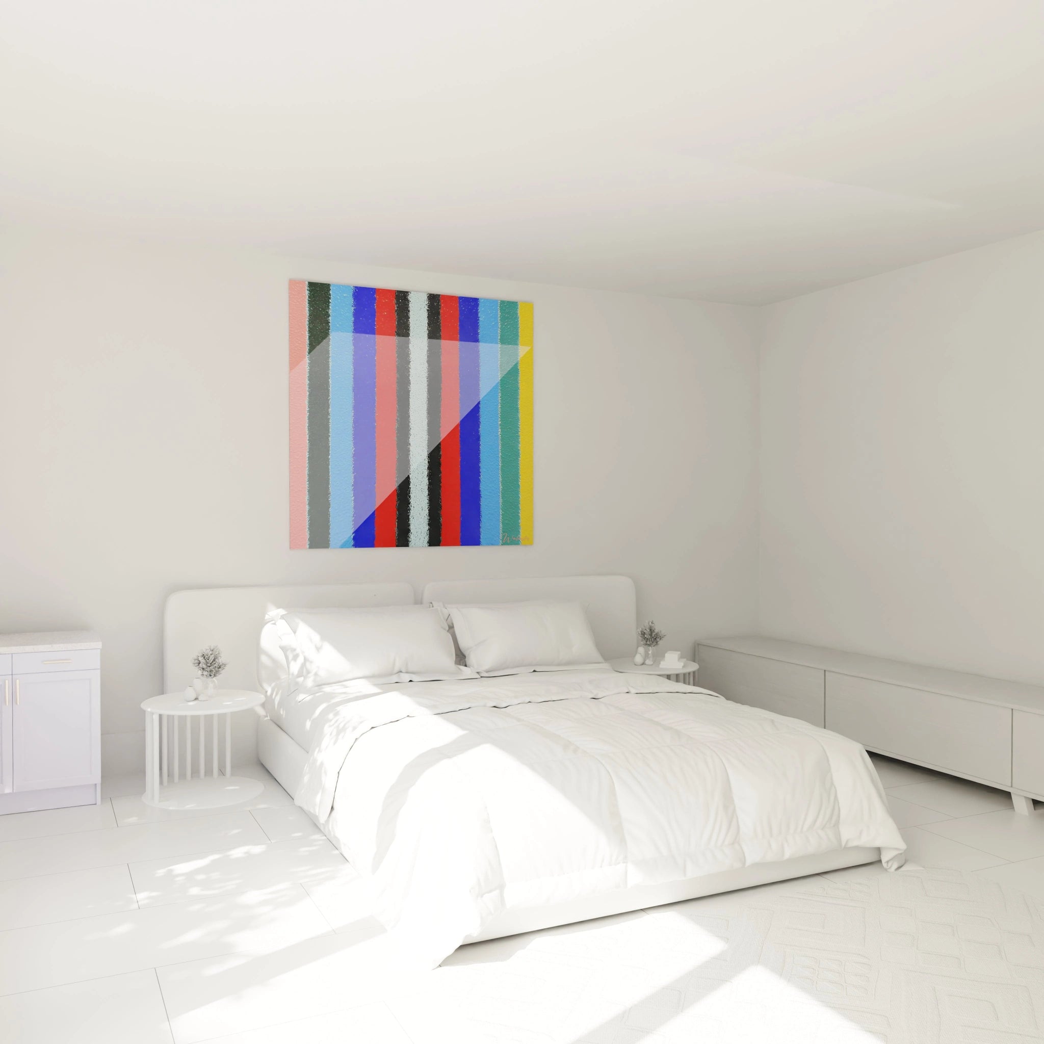 tableau op art rayures Walensky coloré à rayures verticales accroché au dessus d un lit blanc dans une chambre minimaliste