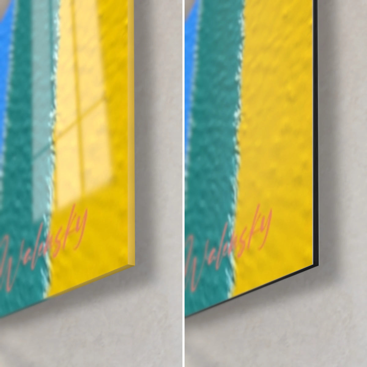 Gemälde mit vertikalen Streifen in Entenblau und Senfgelb, untere rechte Ecke: glänzendes Acrylglas und matt gebürstetes Alu-Dibond, 3 mm Stärke