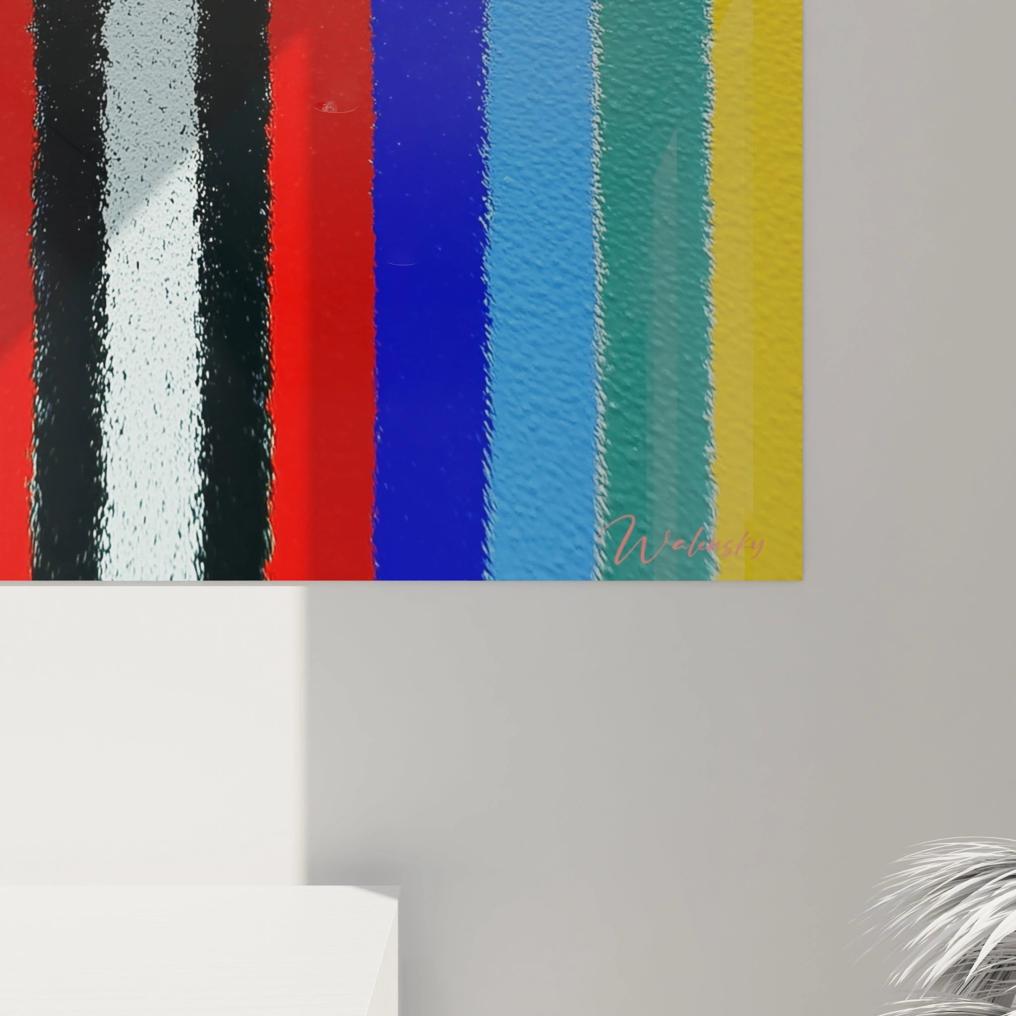 Tableau mural Walensky avec bandes verticales texturées multicolores sur fond blanc tableau op art rayures