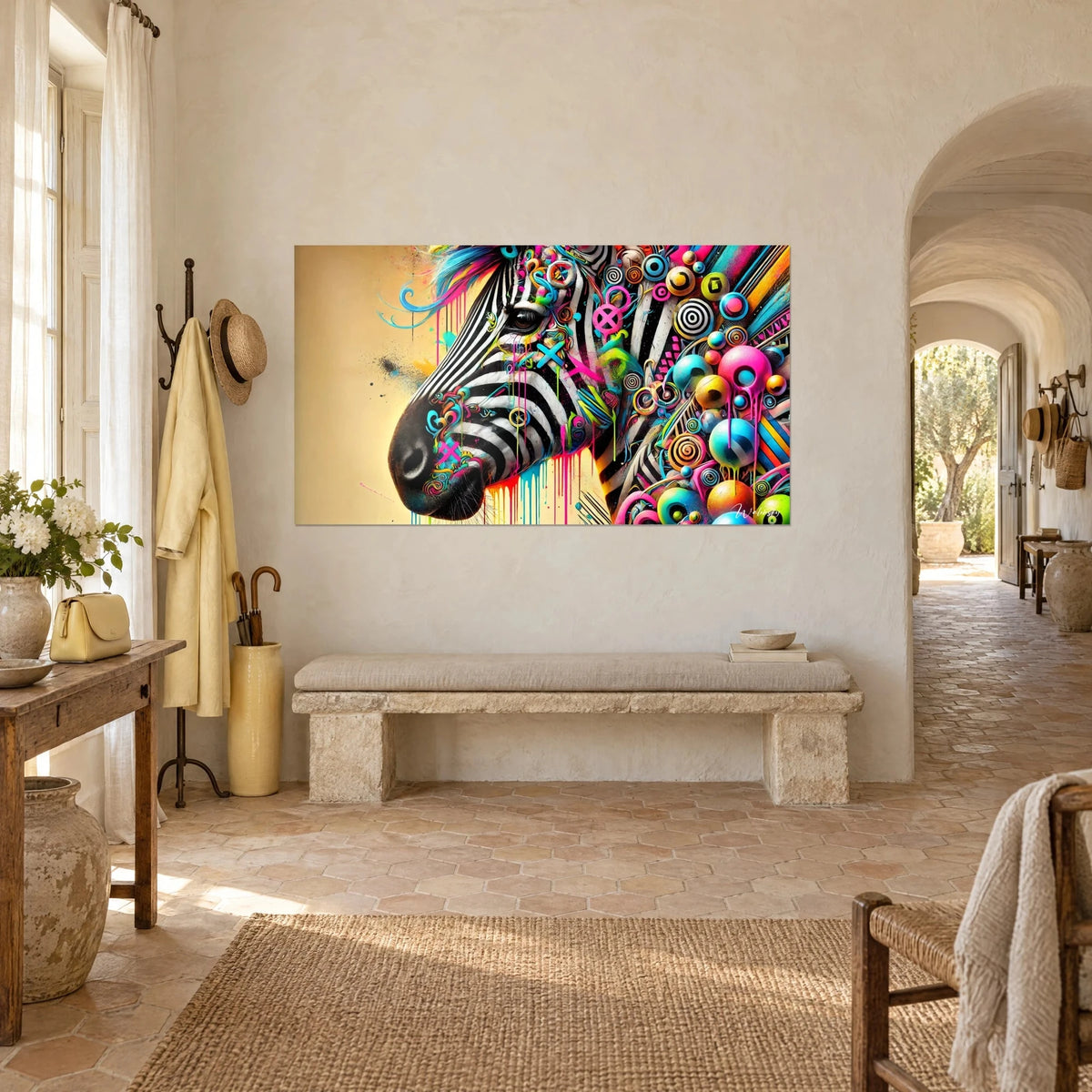 Wall art pop-style zebra profile, turquoise and lemon yellow bubbles, golden sand background, hung in the entrance of a Provençal farmhouse
