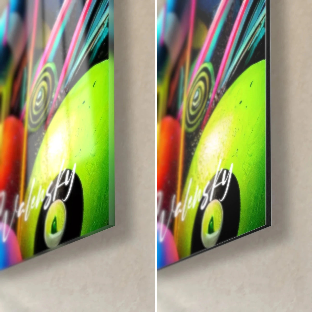 Wall art pop striped horse, lemon-green sphere with pink and black spirals, 3 mm thick, glossy glass and matte Dibond