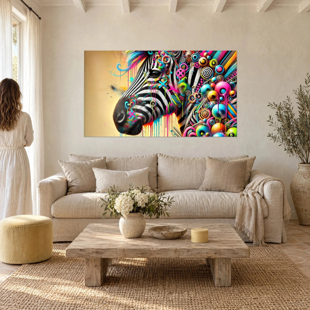 Wall art zebra with black and white stripes, fluorescent pink and blue spirals, vivid drips, hung above a sofa in a bright living room