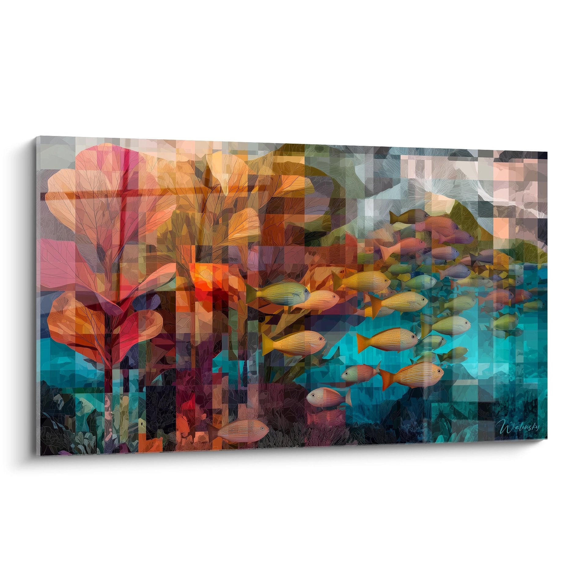 Tableau mural récif corallien abstrait avec banc de poissons tropicaux, art moderne fonds marins coloré