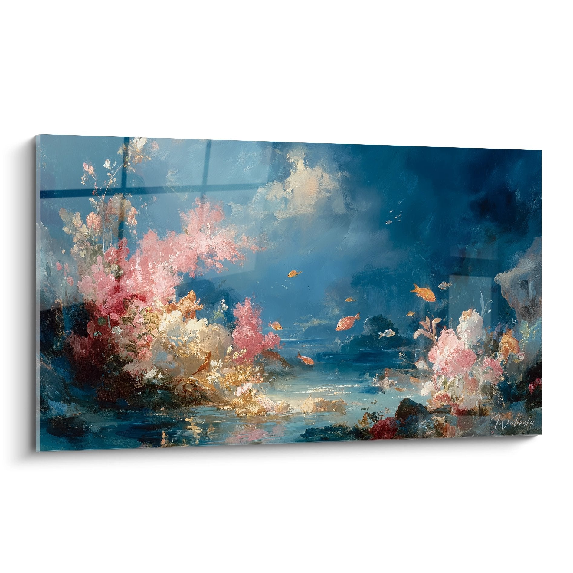 Tableau mural récif corallien coloré avec coraux roses et poissons tropicaux dorés style impressionniste