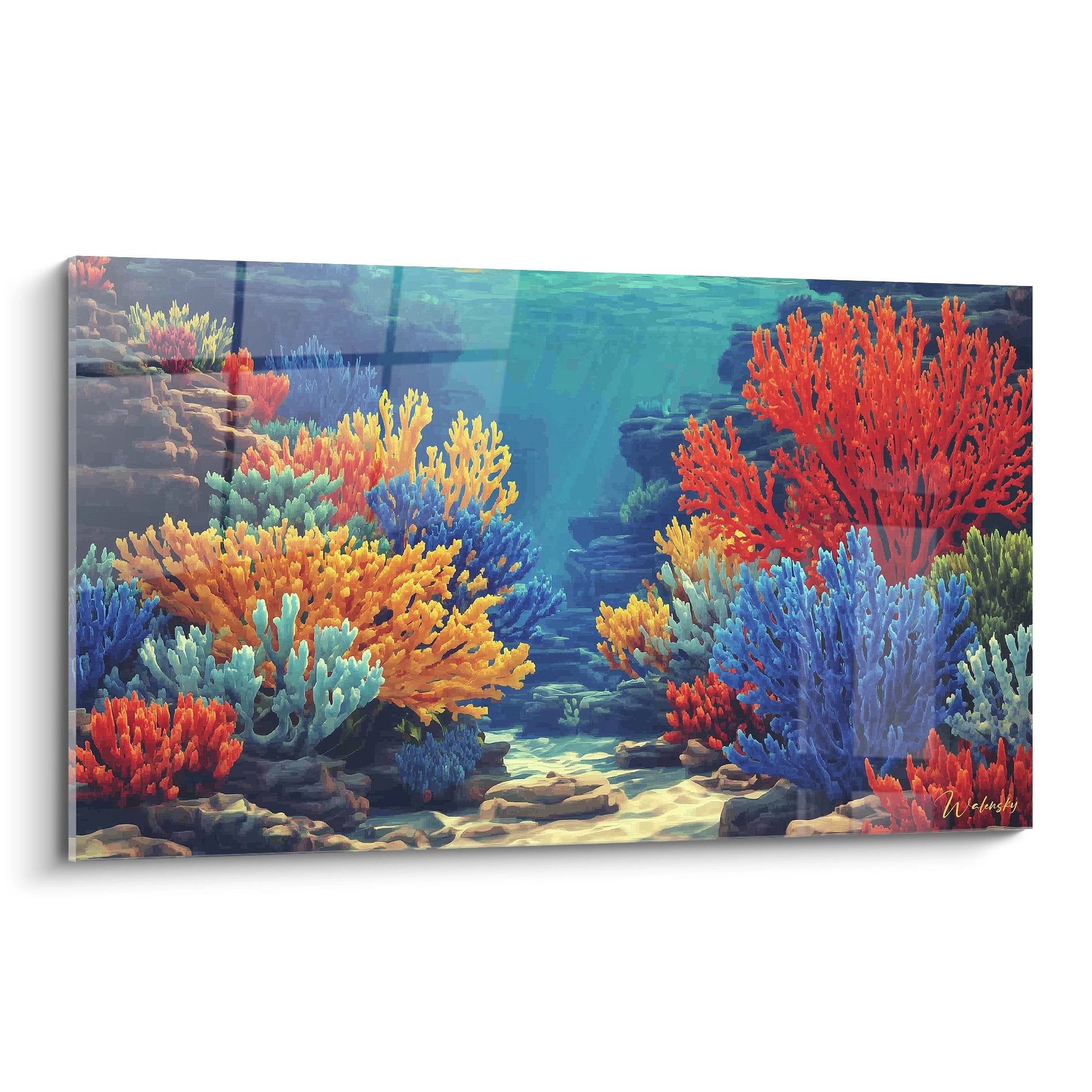 Tableau mural récif corallien coloré avec coraux orange, rouges et bleus sur fond océanique