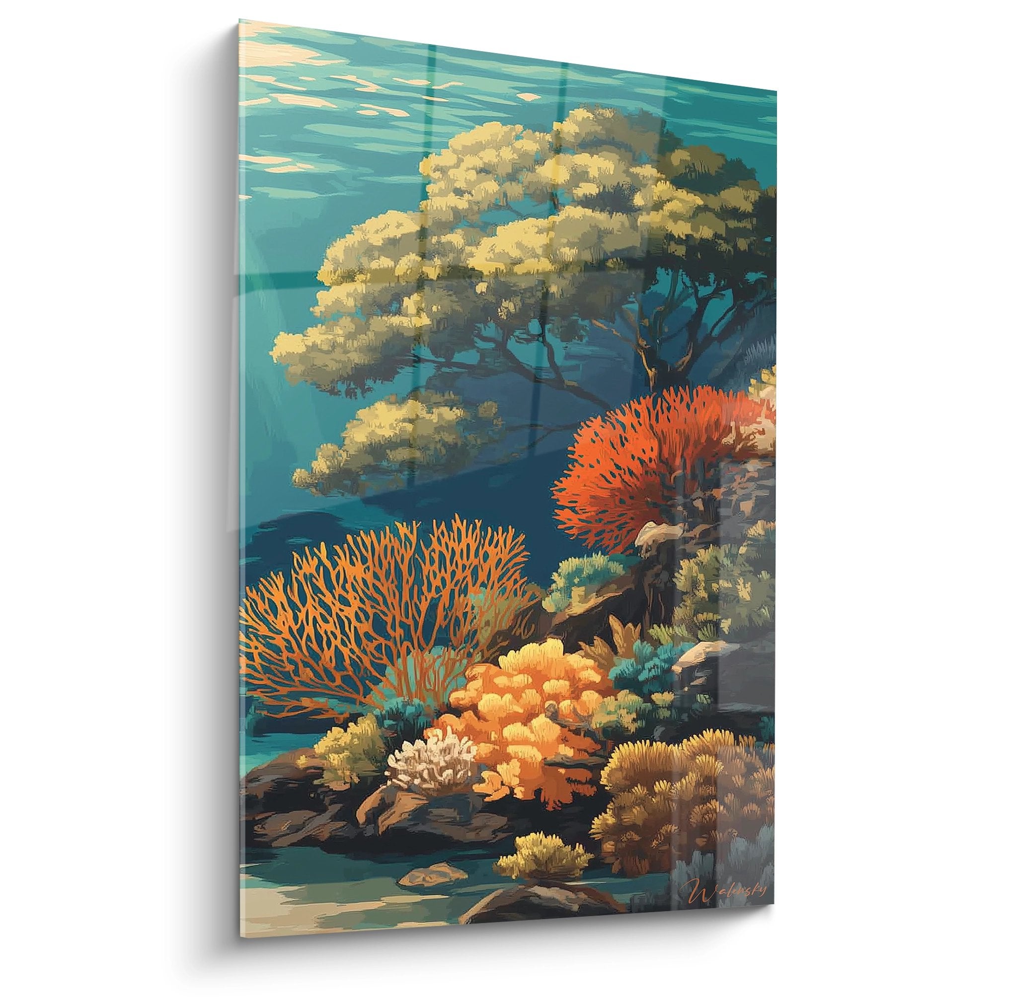 Tableau récif corallien avec coraux orange et jaunes sur fond bleu océan - art mural fonds marins