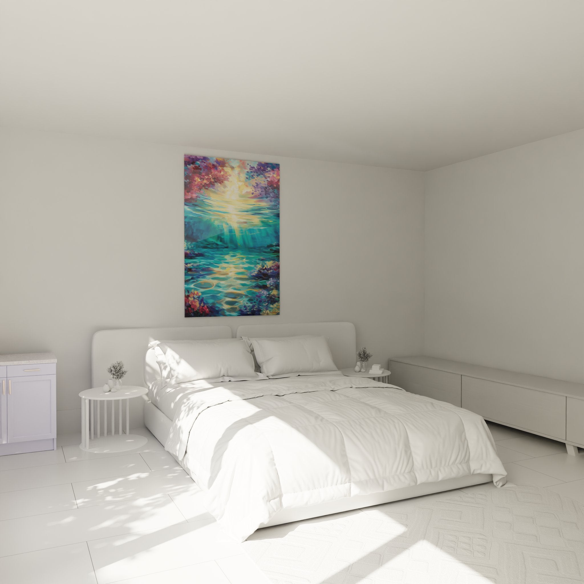 Tableau fonds marins récif corallien décorant chambre moderne avec éclairage tamisé ambiance zen