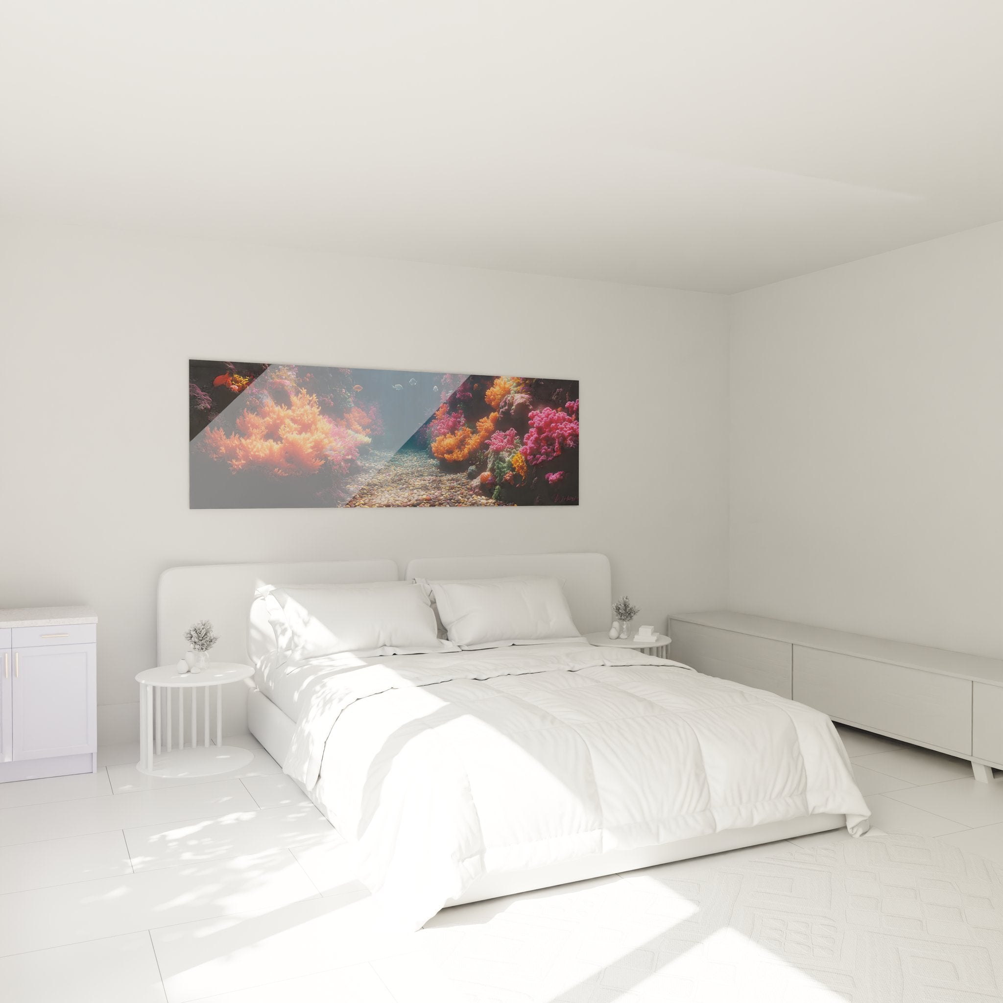 Tableau récif corallien multicolore installé dans chambre moderne pour décoration murale fonds marins