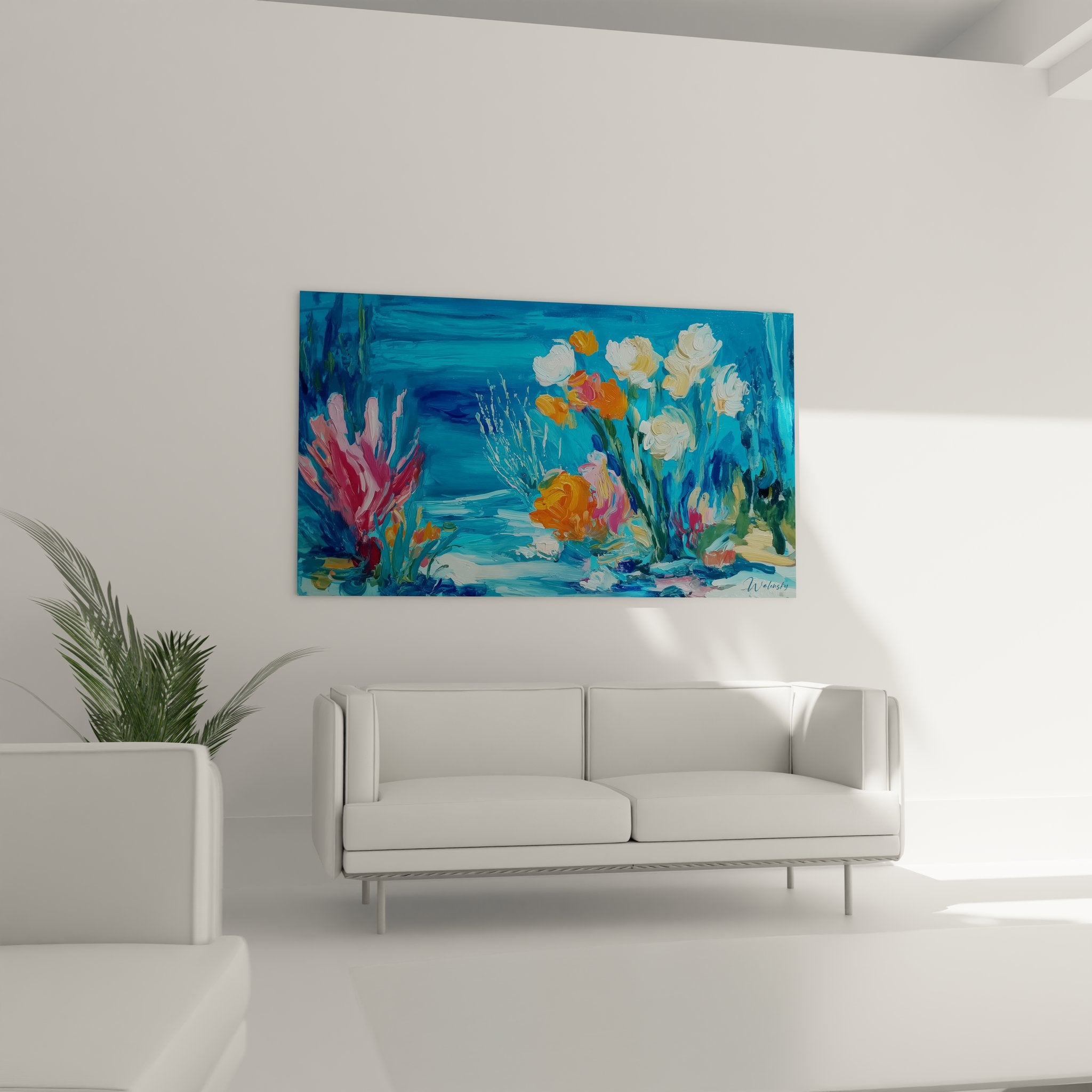 Détail peinture récif corallien montrant texture empâtée des coraux multicolores