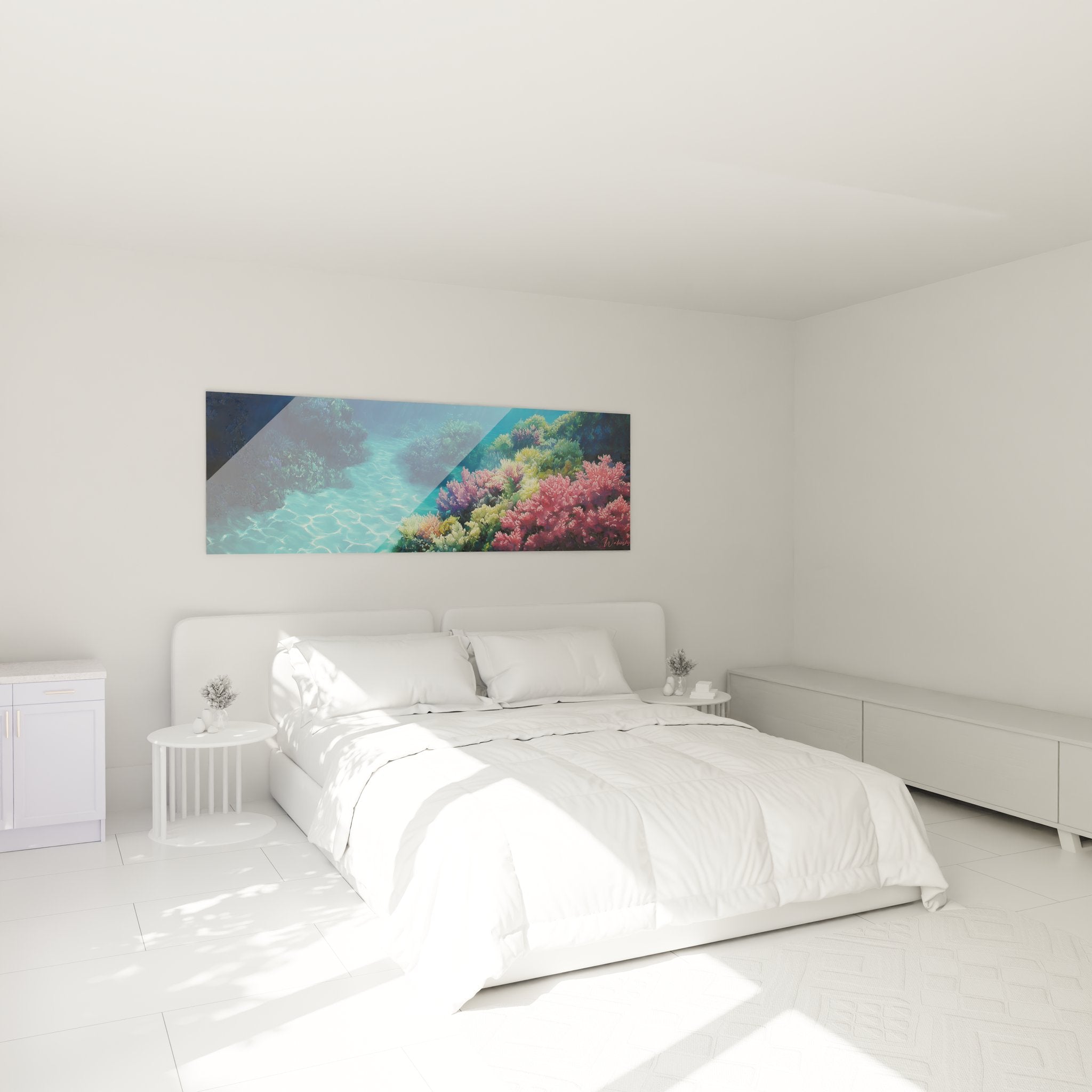 Ambiance chambre avec tableau récif corallien épave décoratif fonds marins au mur