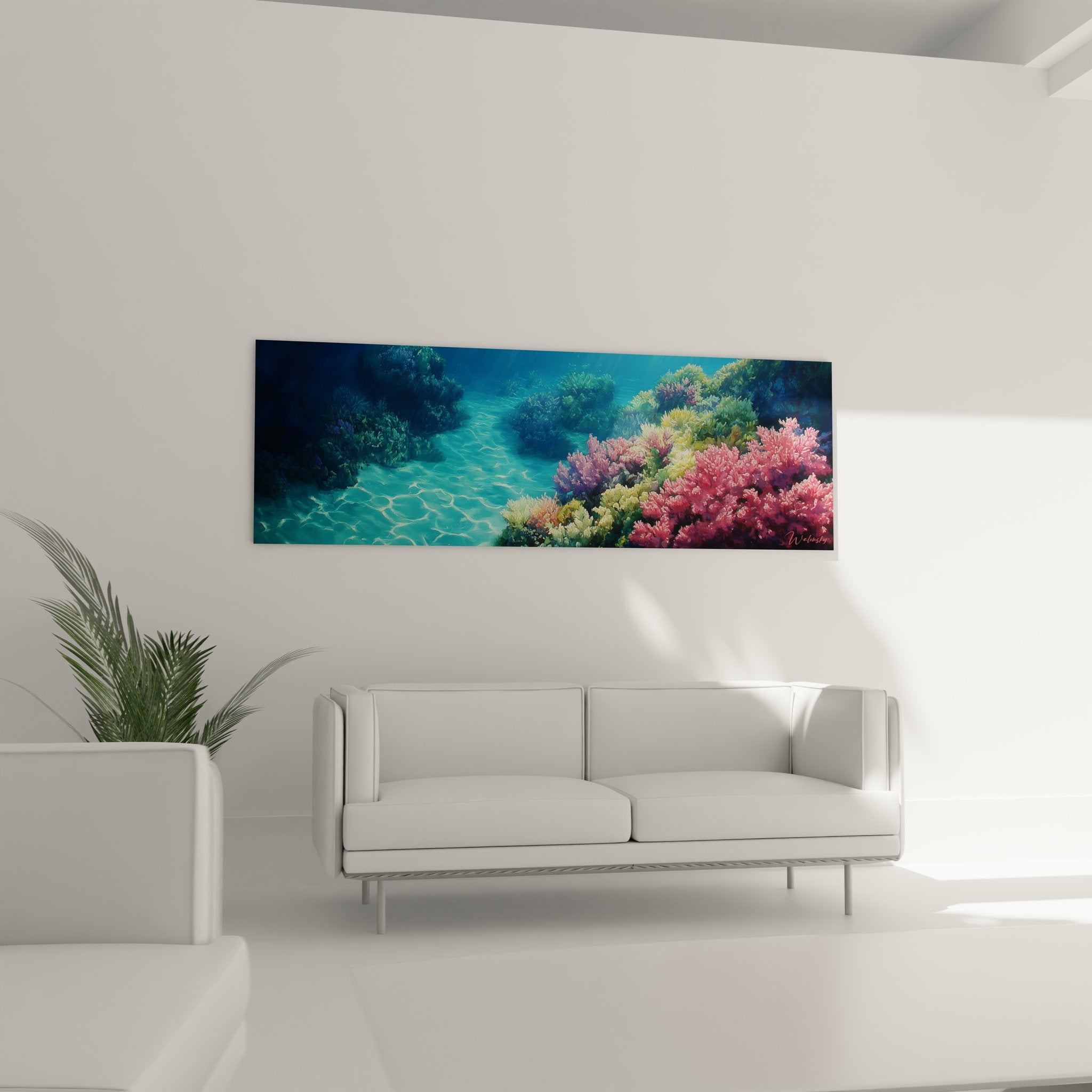 Gros plan détaillé coraux roses et verts tableau récif épave sous-marine artistique