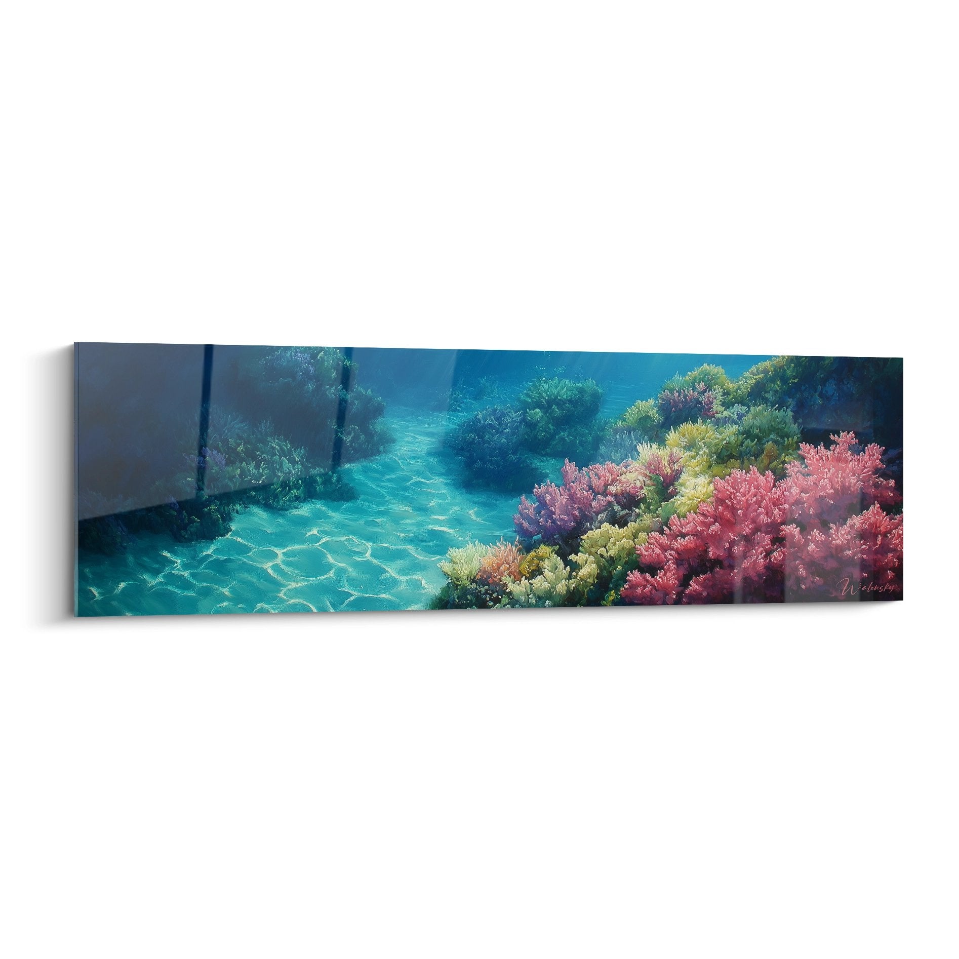 Tableau mural récif corallien épave avec coraux colorés roses et verts sur fond turquoise
