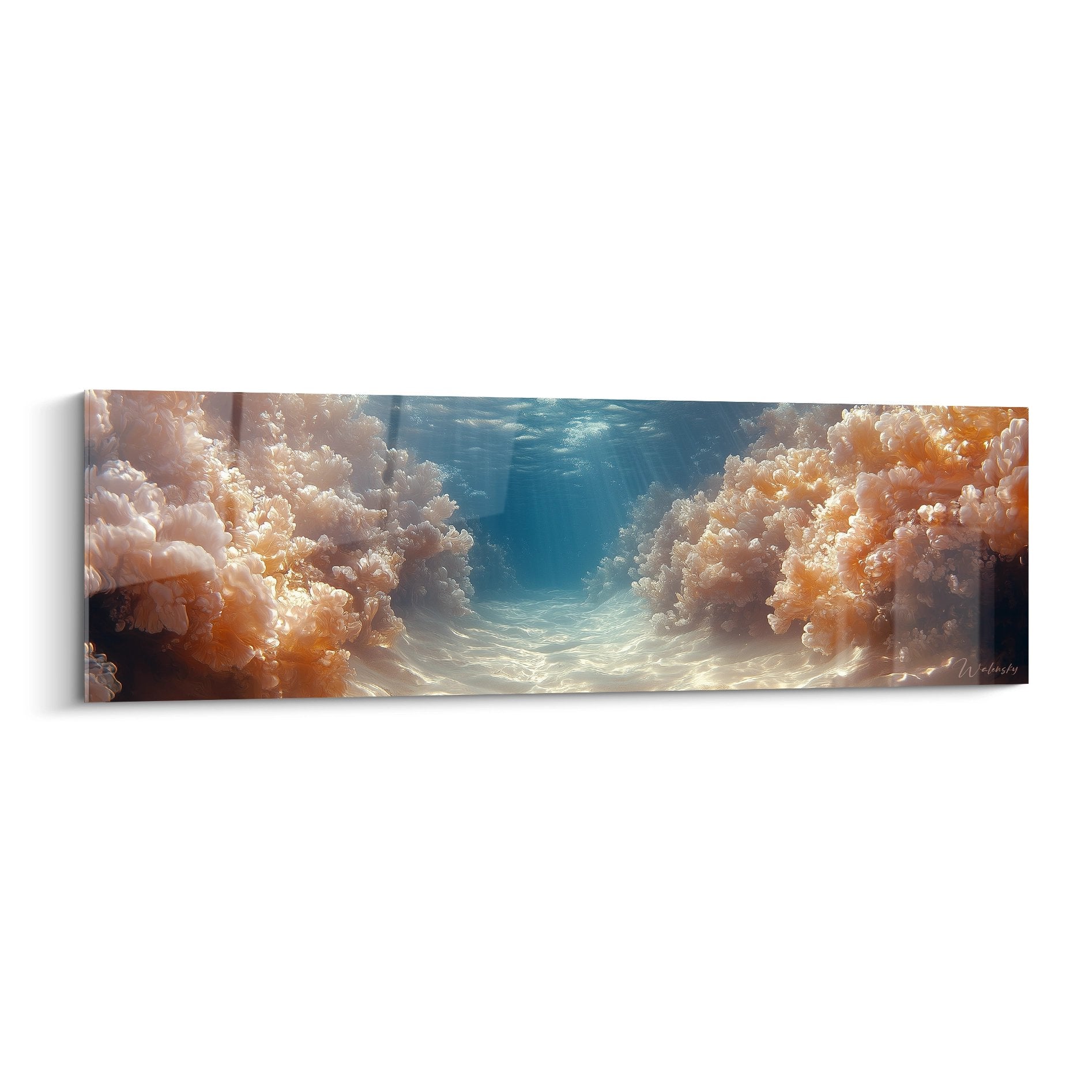 Tableau mural récif corallien doré et bleu, paysage sous-marin luxueux pour décoration moderne