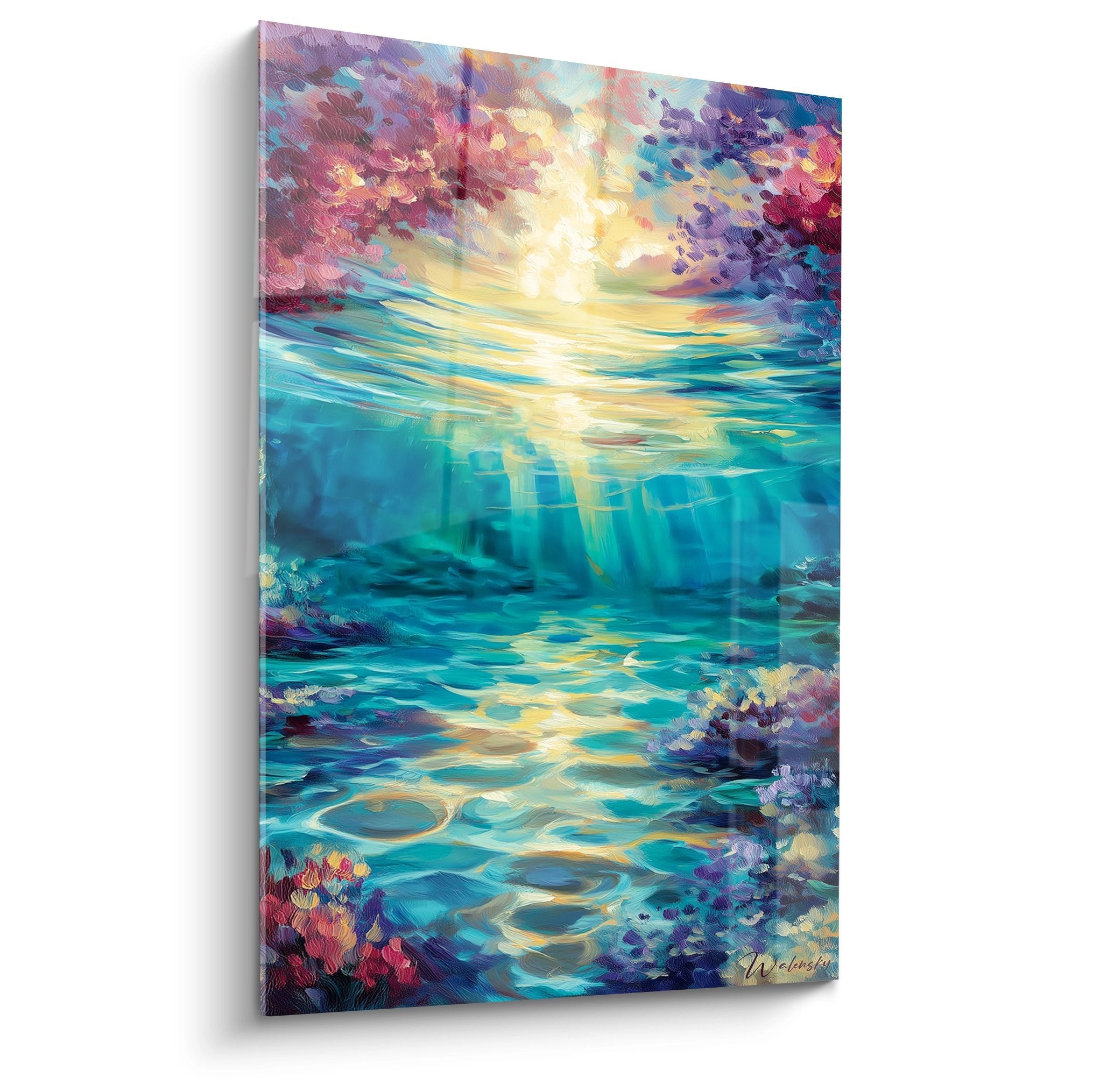 Tableau mural récif corallien lumineux avec rayons solaires traversant eau turquoise et coraux colorés