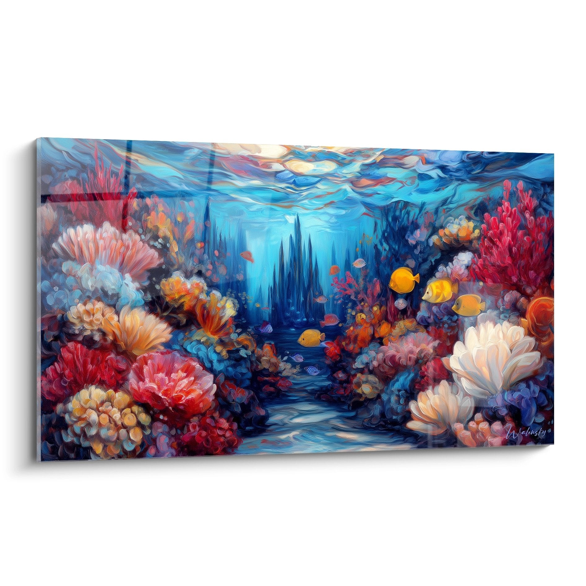 Tableau mural récif corallien multicolore avec poissons tropicaux jaunes et coraux roses rouges blancs fonds marins