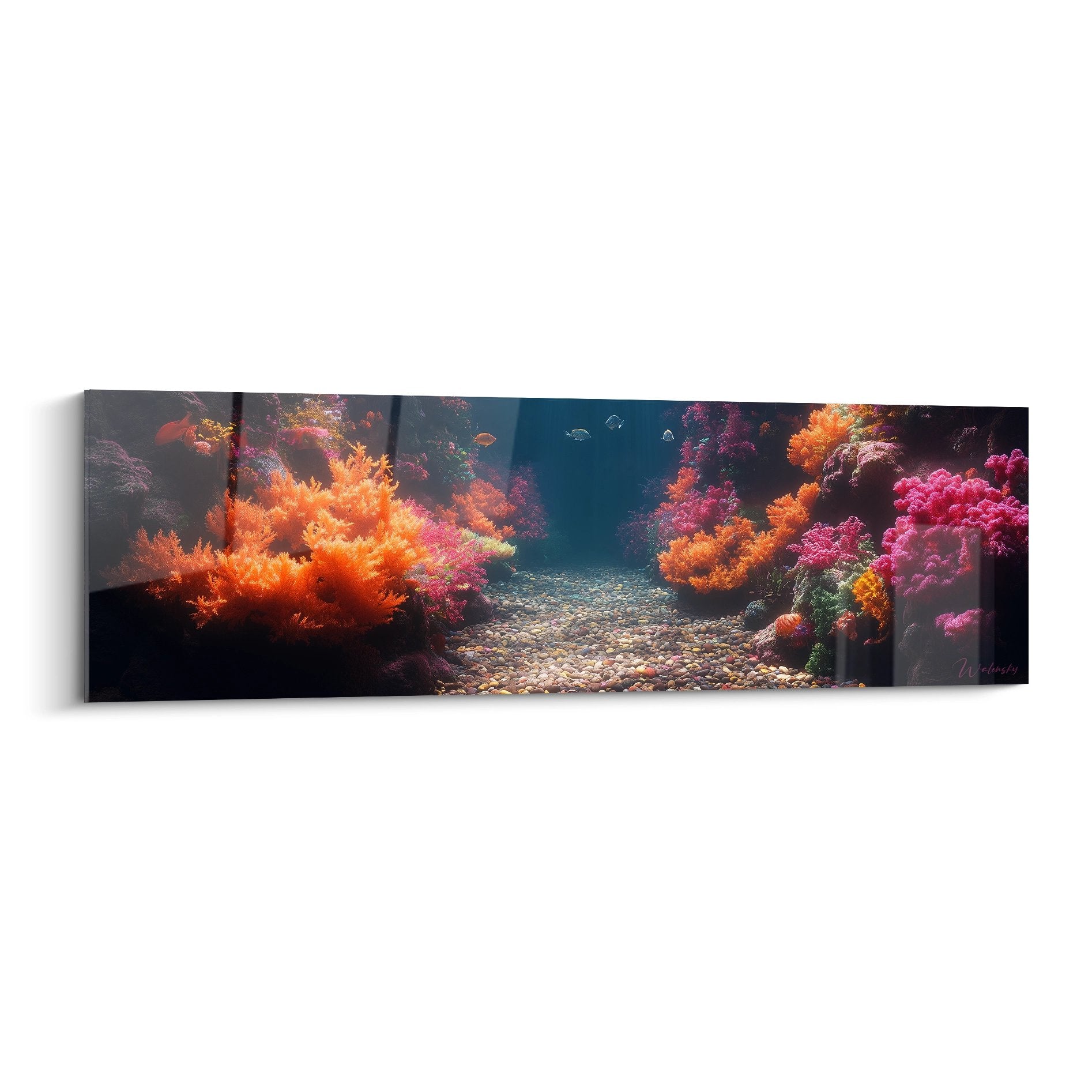 Tableau mural récif corallien multicolore avec coraux orange et roses dans décor sous-marin tropical