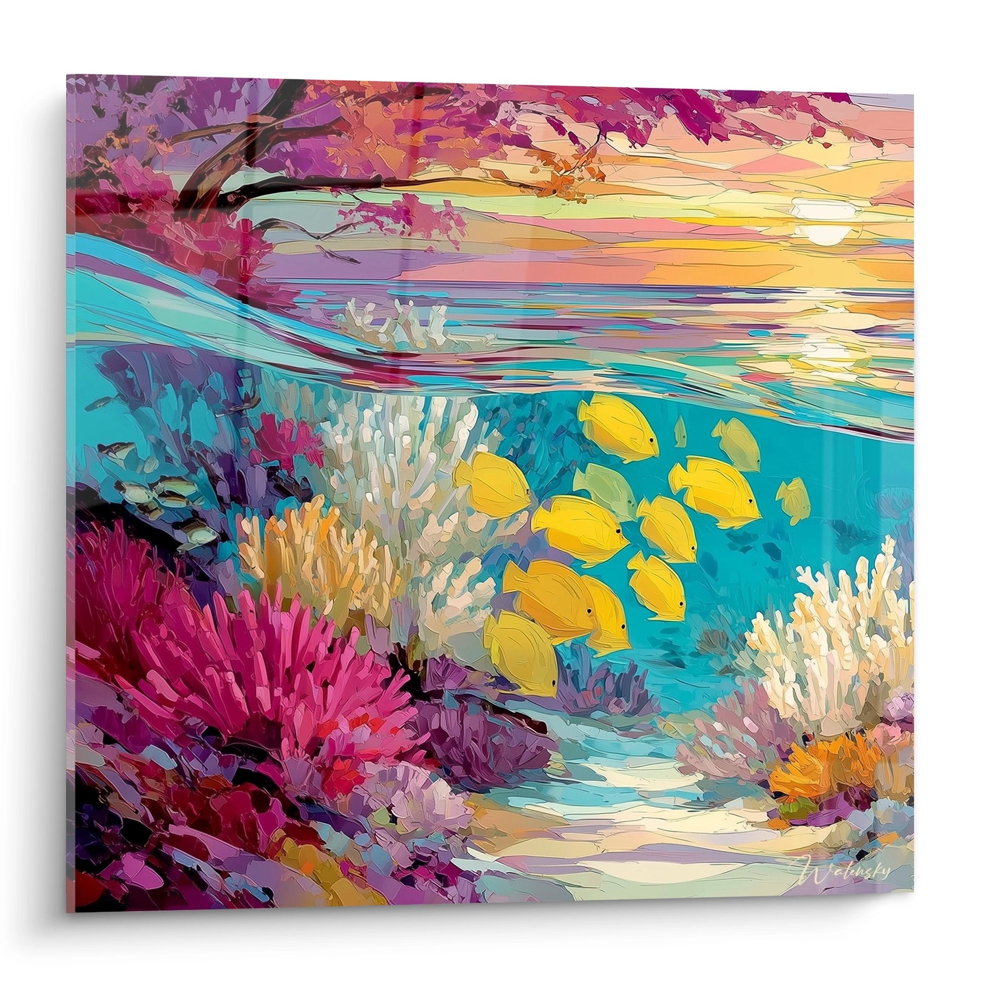 Tableau mural récif corallien tropical avec poissons jaunes et coraux colorés style artistique moderne