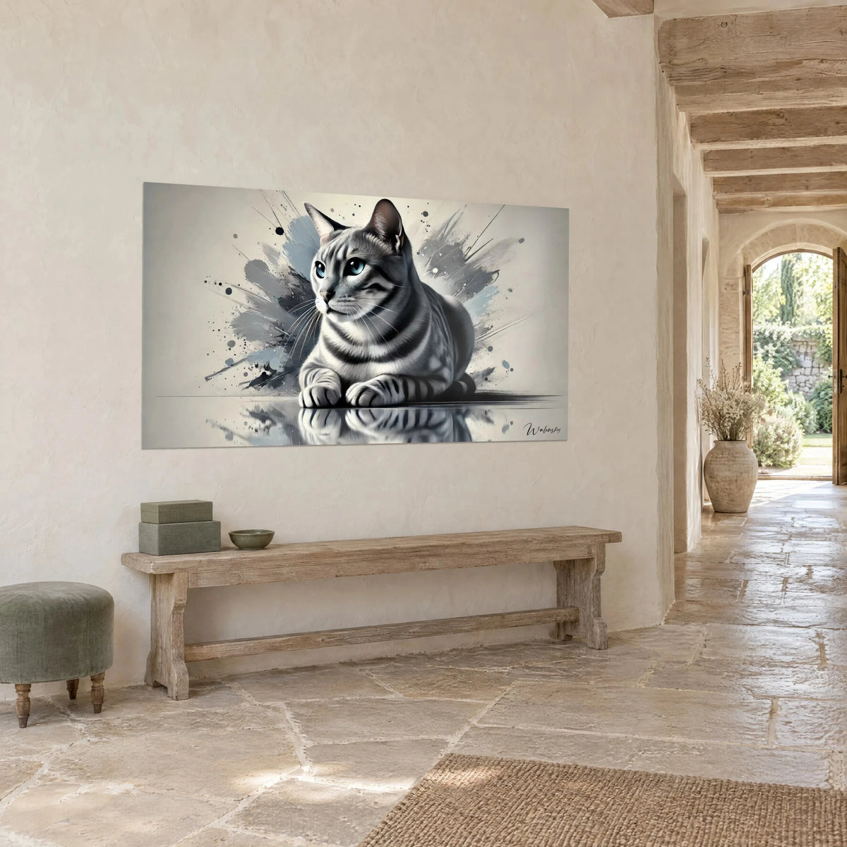 Wall art Reclining silver cat, black-striped paws against an ivory and grey-blue background, three-quarter view, wooden bench in a stone hallway