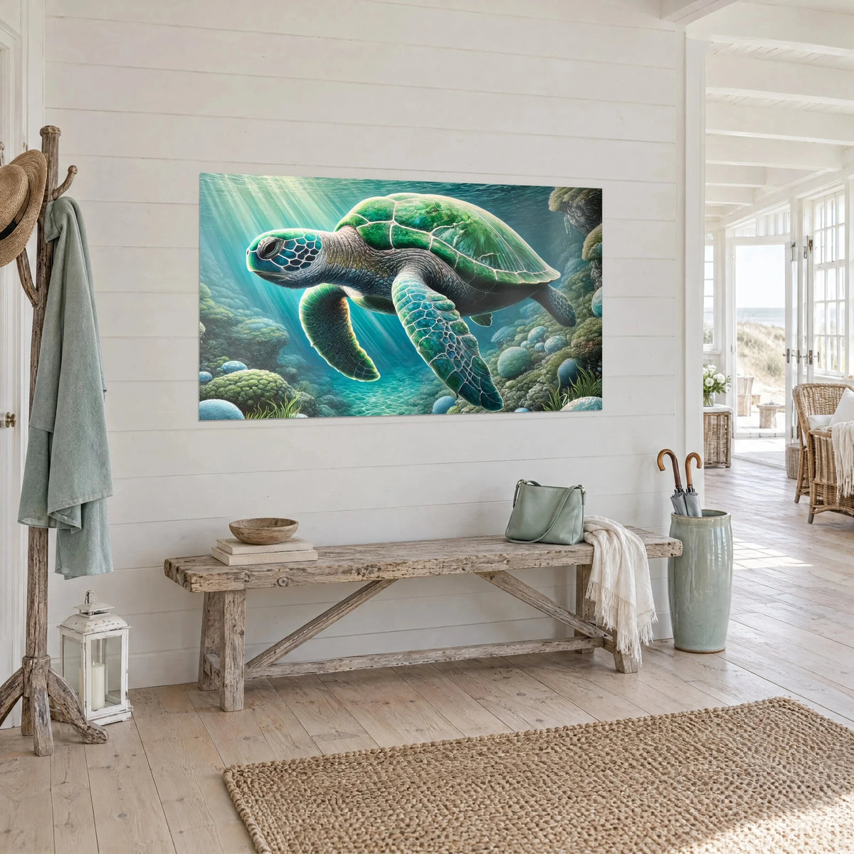 Tableau reptile des mers aux écailles vert jade et bleu pétrole, rayons de soleil sous l'eau, vue de trois-quarts dans une maison de bord de mer