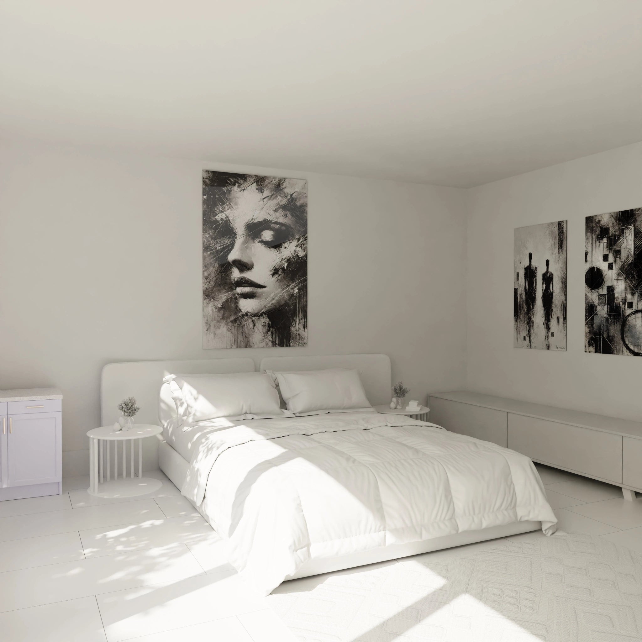 Tableau geometrique abstrait accroche au-dessus du lit dans une chambre contemporaine. Visage feminin fragmente en noir et blanc, apportant une touche artistique et elegante a la decoration.


