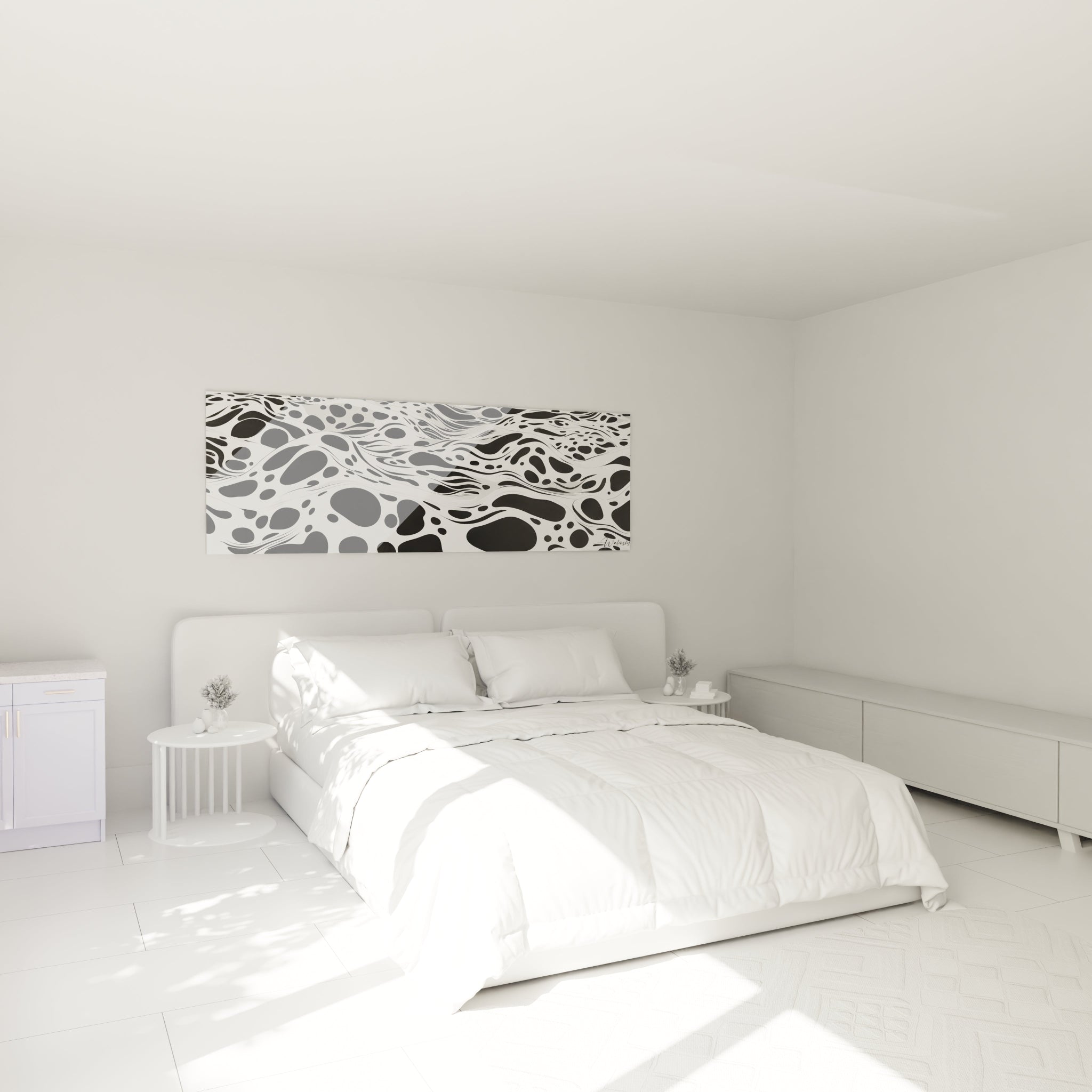Tableau tacheté noir et blanc Walensky décorant une chambre moderne lumineuse