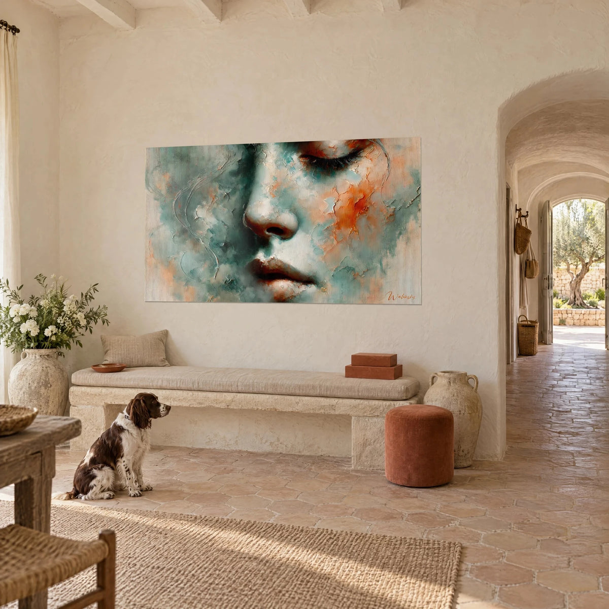 Wall art female face veiled in teal haze and copper speckles, seated brown and white spaniel, three-quarter view, Provençal farmhouse