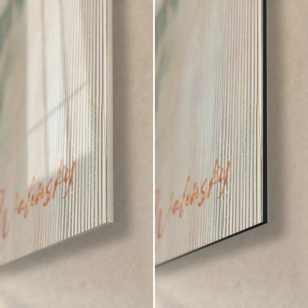 Wall art face with rust-coloured lips, lower right corner: glossy acrylic glass on the left, matte beige Dibond on the right, 3 mm black edge
