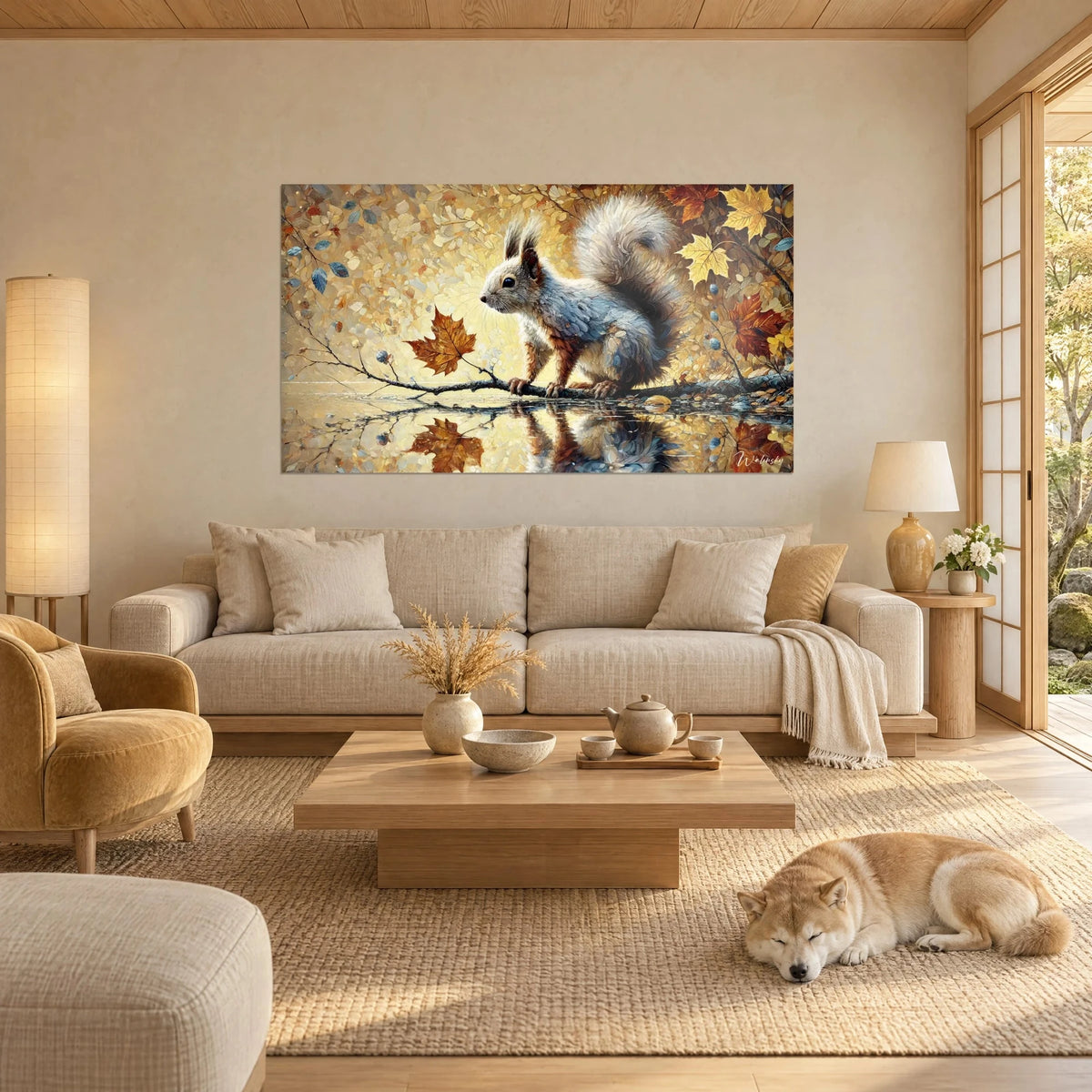 Wall art grey squirrel perched on its branch, russet and golden maple leaves, above a sofa in a bright living room