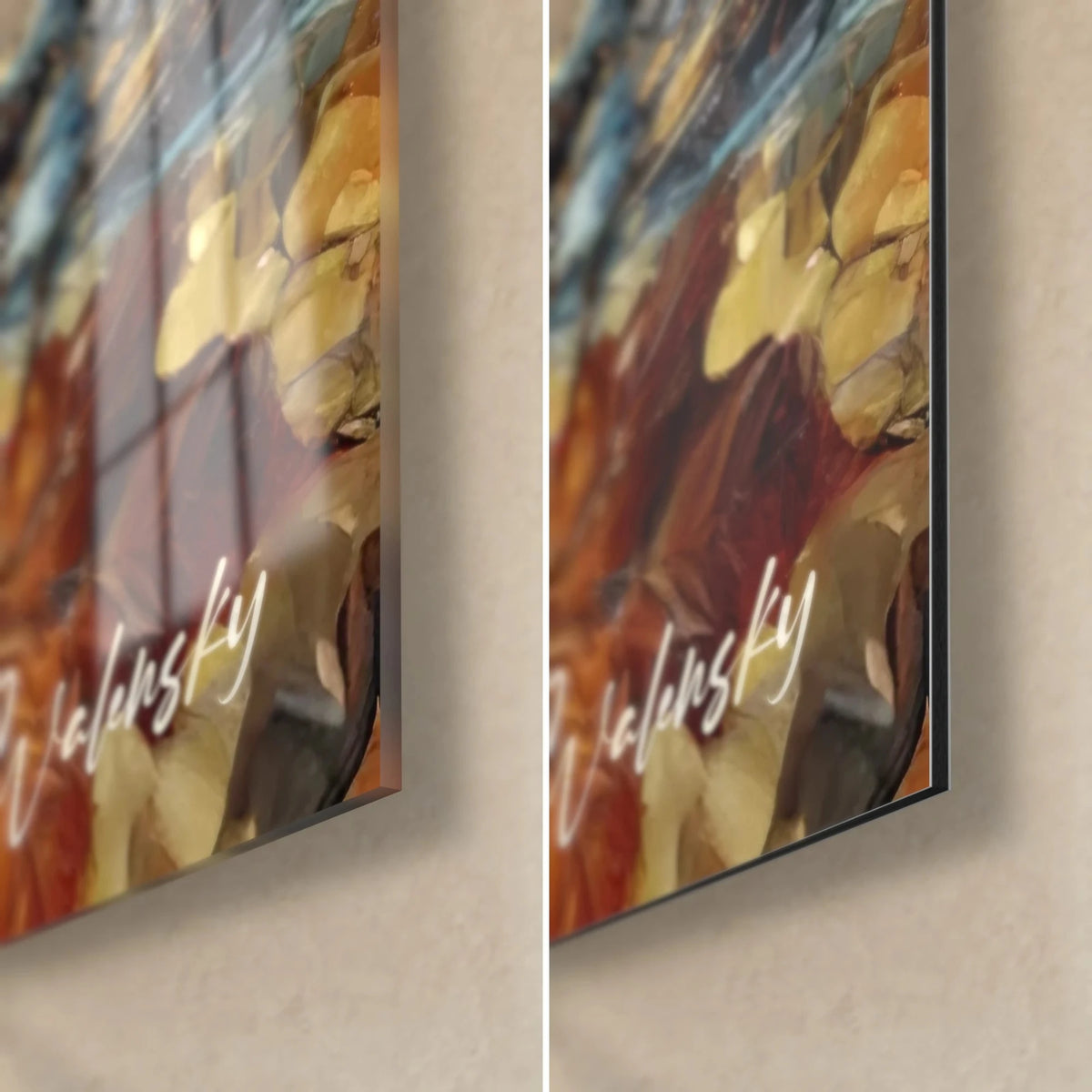 Wall art grey squirrel with bluish tones, bottom right corner: glossy acrylic glass and matte Dibond aluminium, 3 mm edge