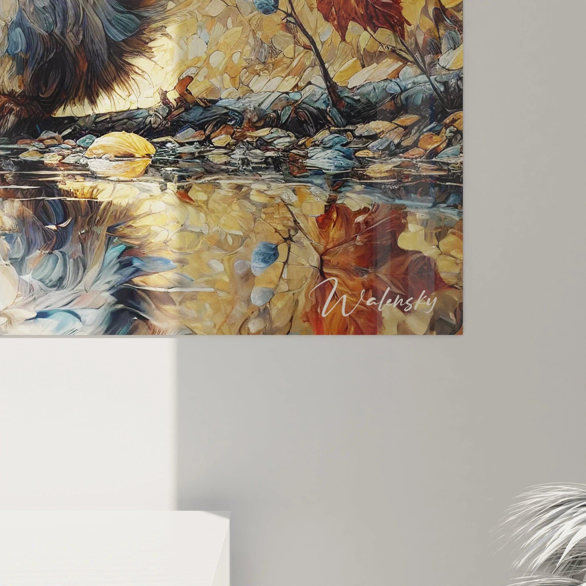 vue rapprochée du tableau ecureuil mettant en avant la beauté des textures automnales et la symétrie poétique qui rend cette œuvre parfaite pour un decor raffiné et paisible






