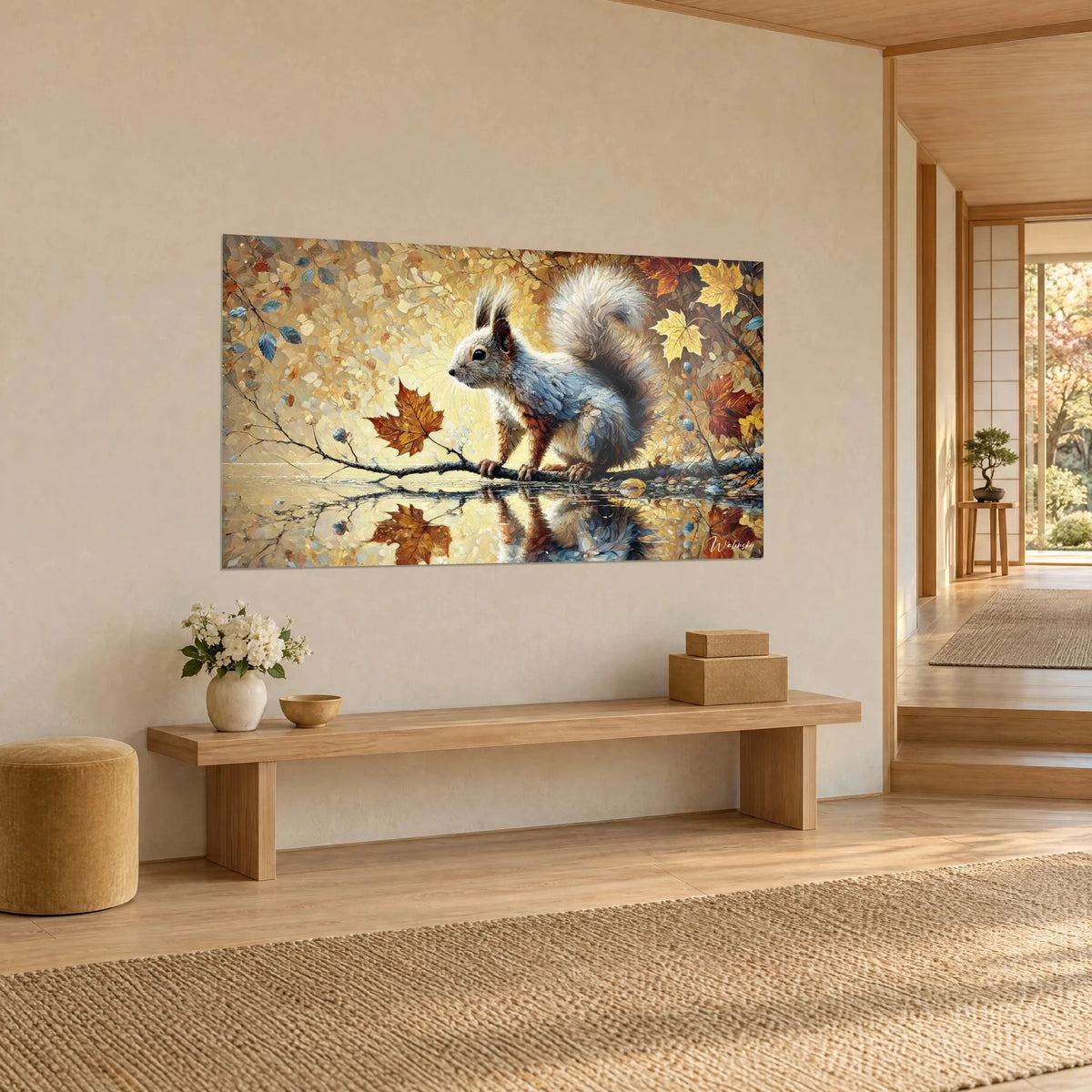 Wall art rodent with a silvery plumed tail, reflection in water, ochre and yellow background, on a beige wall, three-quarter view