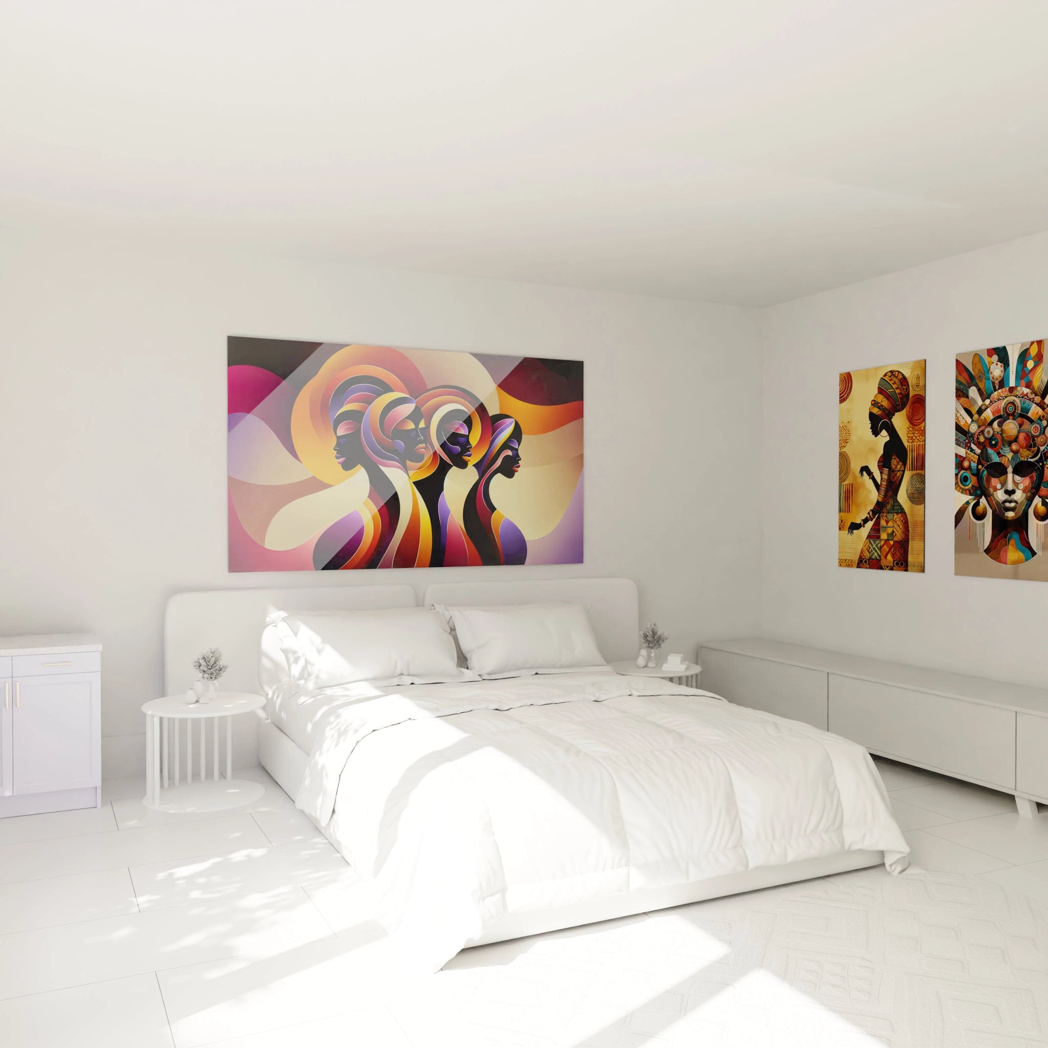 tableau africain accroche au mur d'une chambre ambiance chaleureuse grace aux teintes orange jaune violet silhouettes feminines style abstrait contemporain connexion culturelle elegante et apaisante

