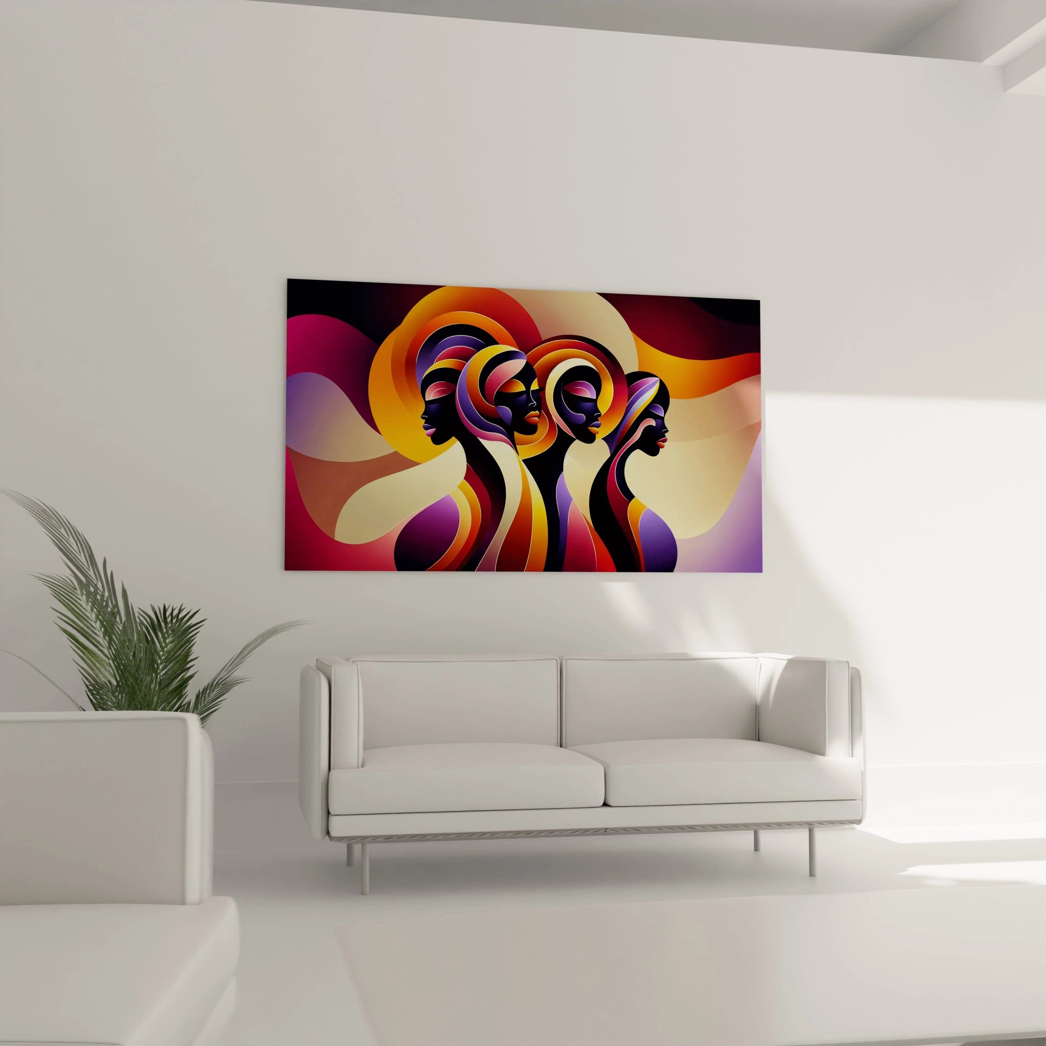 tableau africain accroche au mur d'un salon couleurs vives violet orange jaune silhouettes feminines stylisées dans un style abstrait contemporain apporte energie et chaleur inspire heritage culturel africain

