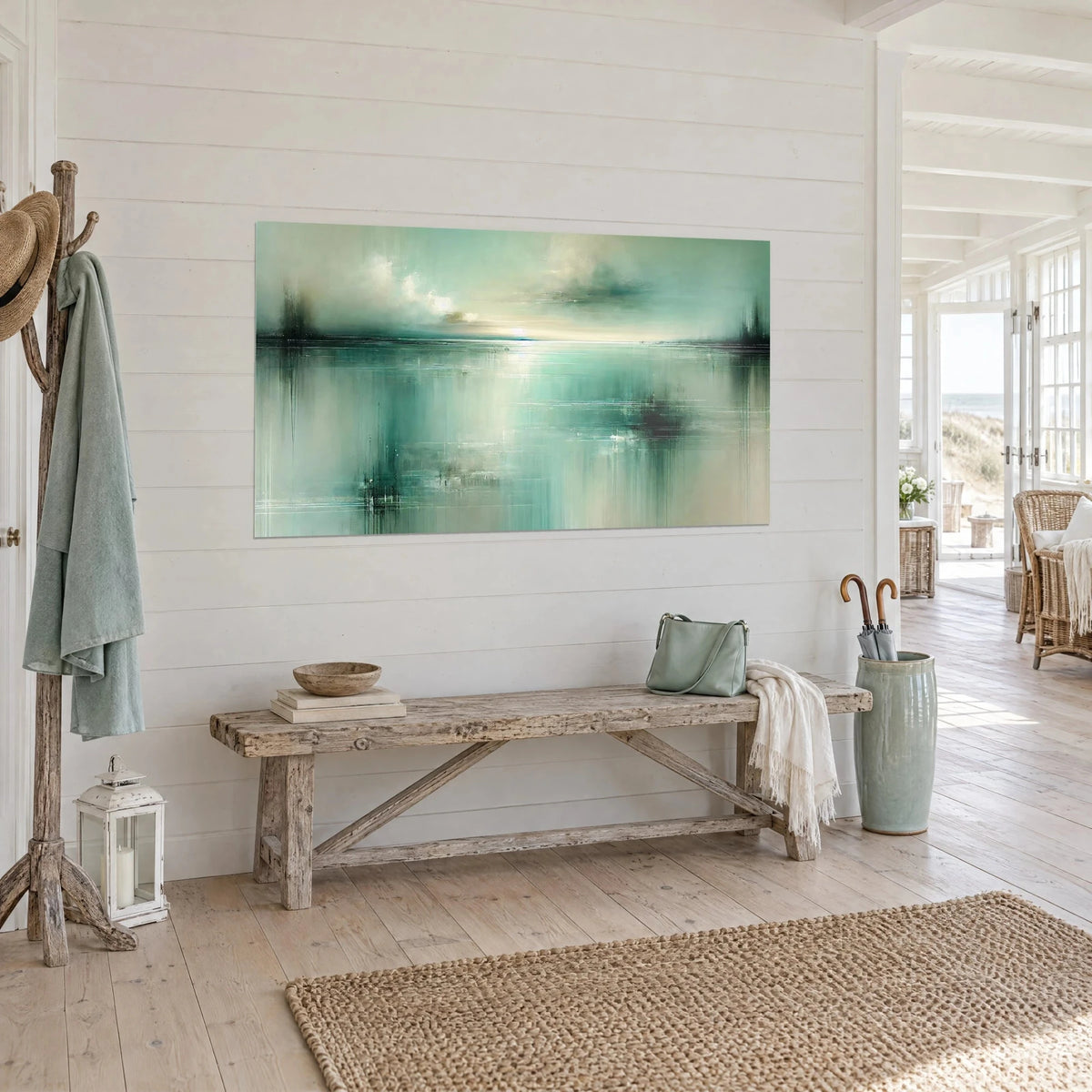 Wall art misty horizon over mirror-still water, ivory and sea-green clouds, seen from three-quarter view in a seaside home