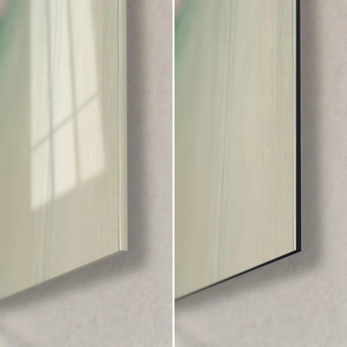 Wall art abstract seascape in jade green and beige, bottom right corner, glossy glass on the left, matte Dibond on the right