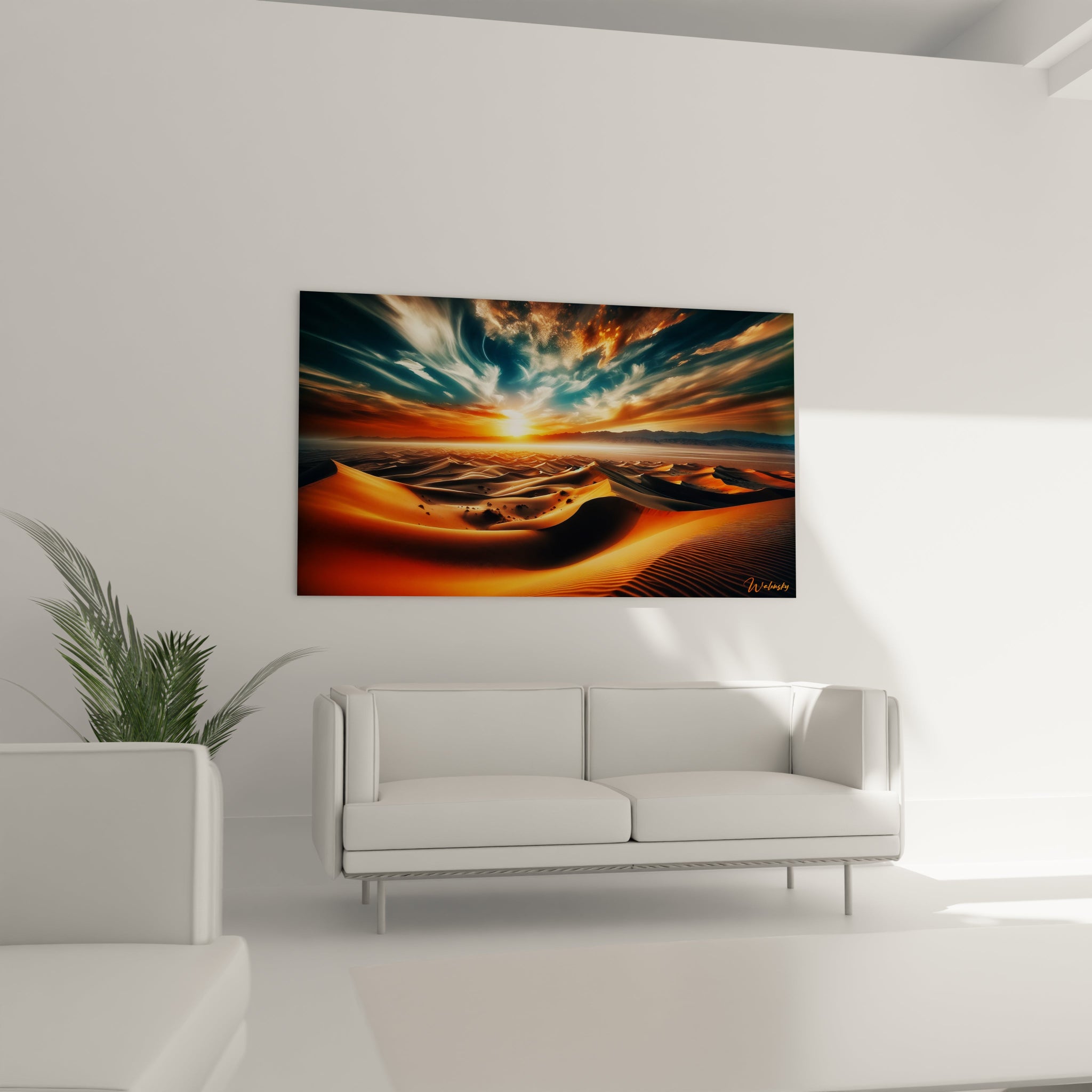 Tableau paysage figurant un désert ondulé éclairé par un soleil bas, ciel composé de nuages filants aux teintes rouge, bleu foncé, or et blanc.


