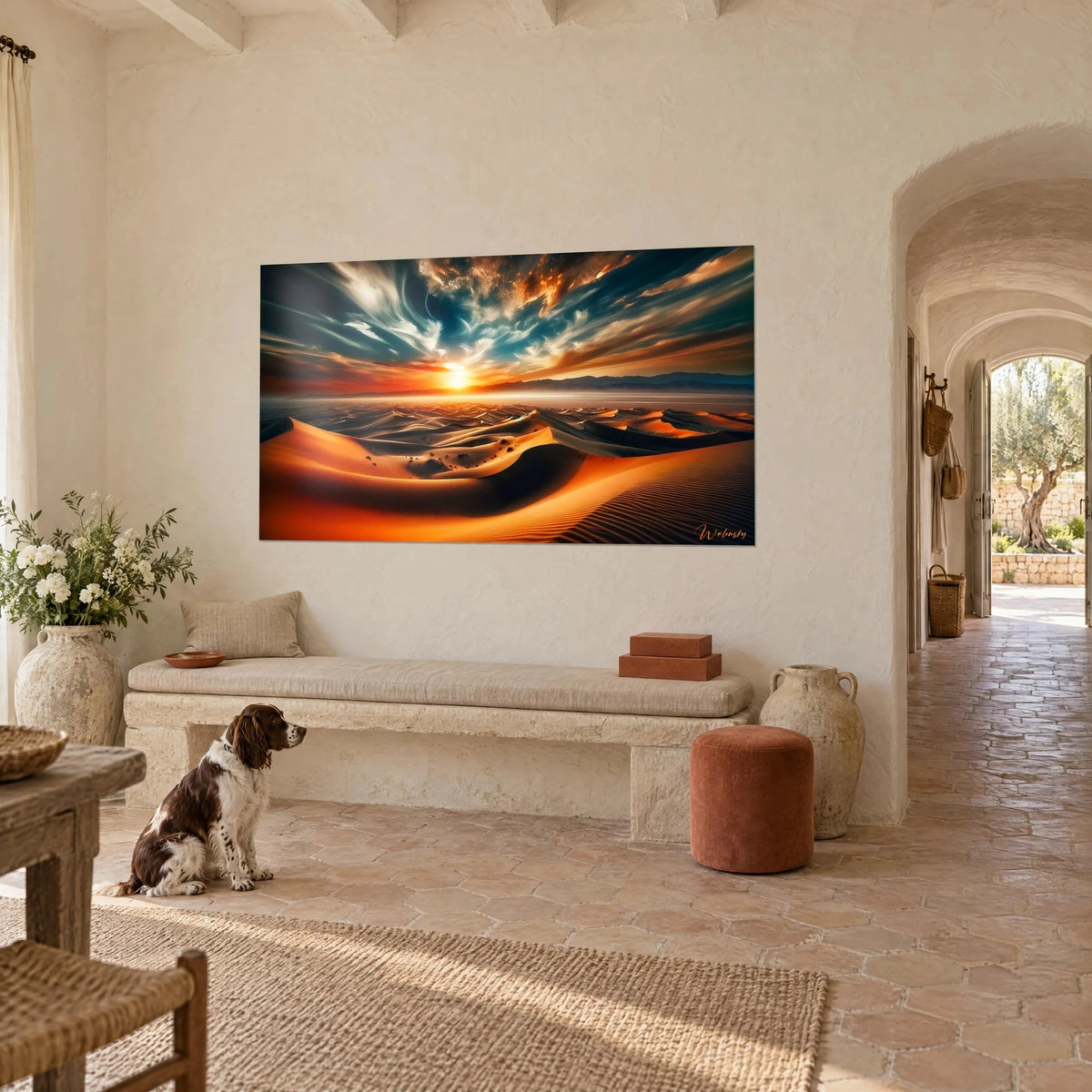 Gemälde einer Wüste aus ockerfarbenen und kupfernen Sandkämmen, Sonnenuntergang in der Mitte, cremefarbene Wand eines Landhauses und ein auf den Fliesen sitzender Spaniel