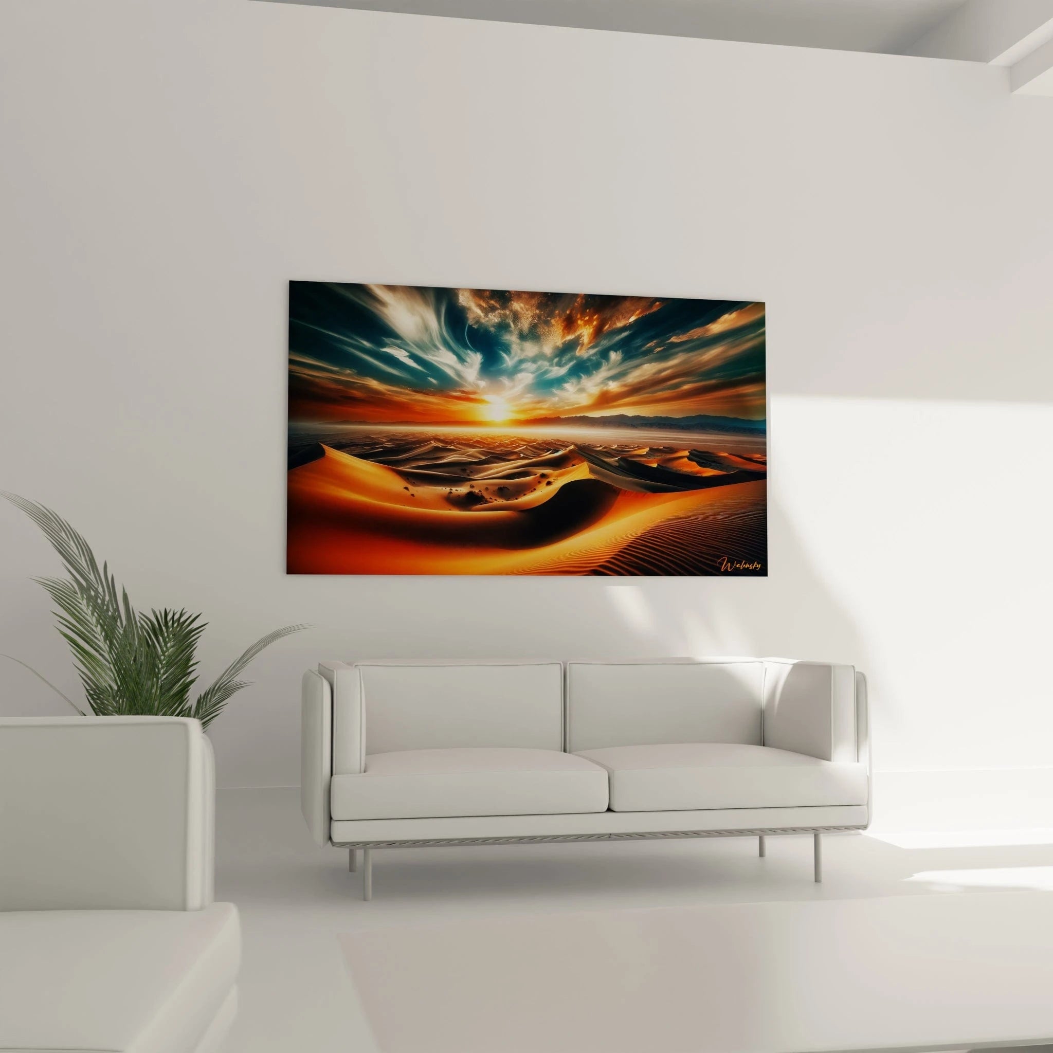 Tableau paysage figurant un désert ondulé éclairé par un soleil bas, ciel composé de nuages filants aux teintes rouge, bleu foncé, or et blanc.

