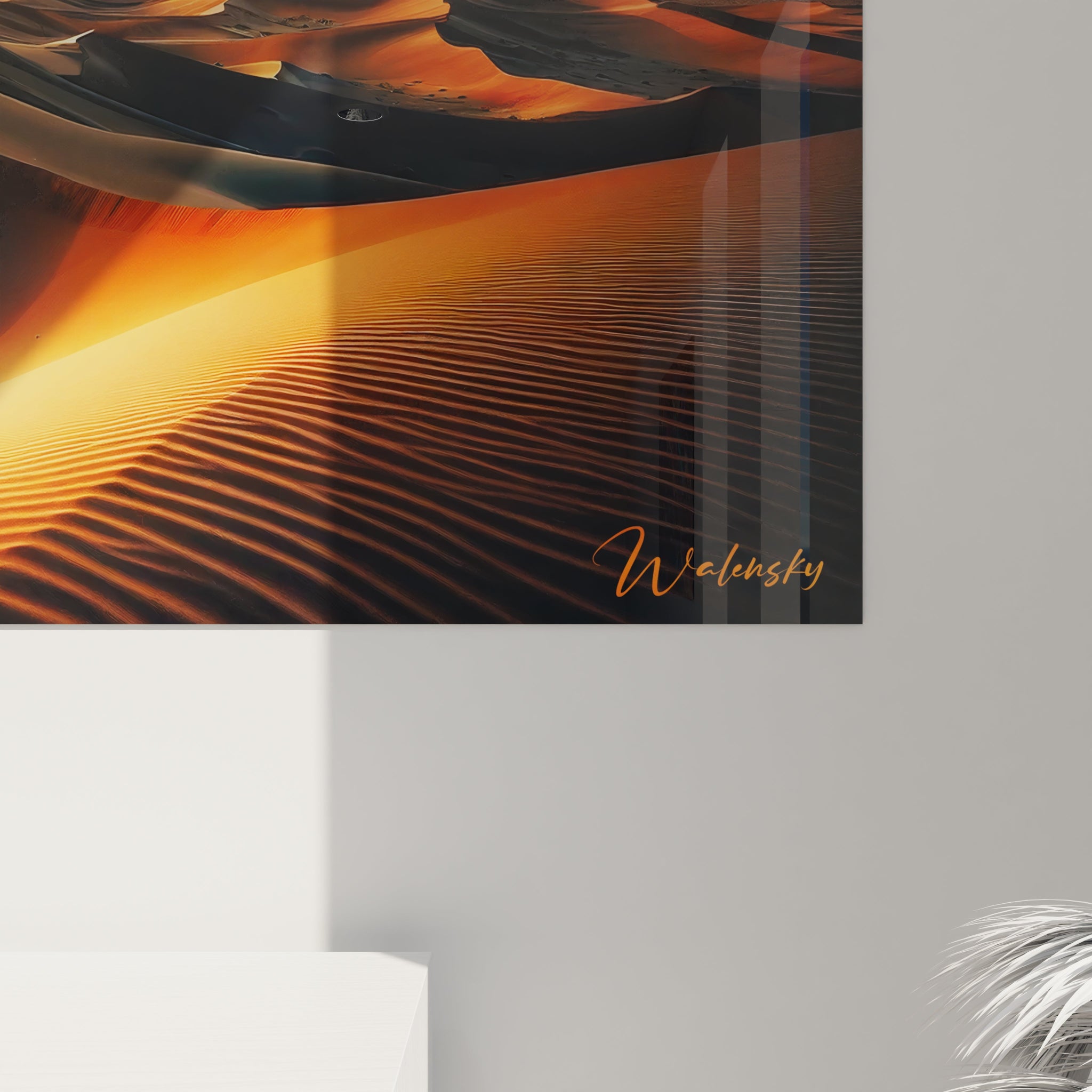 Un tableau paysage centré sur des crêtes de sable texturées, éclairées en lumière rasante, avec un ciel multicolore aux effets de mouvement et de contraste lumineux.


