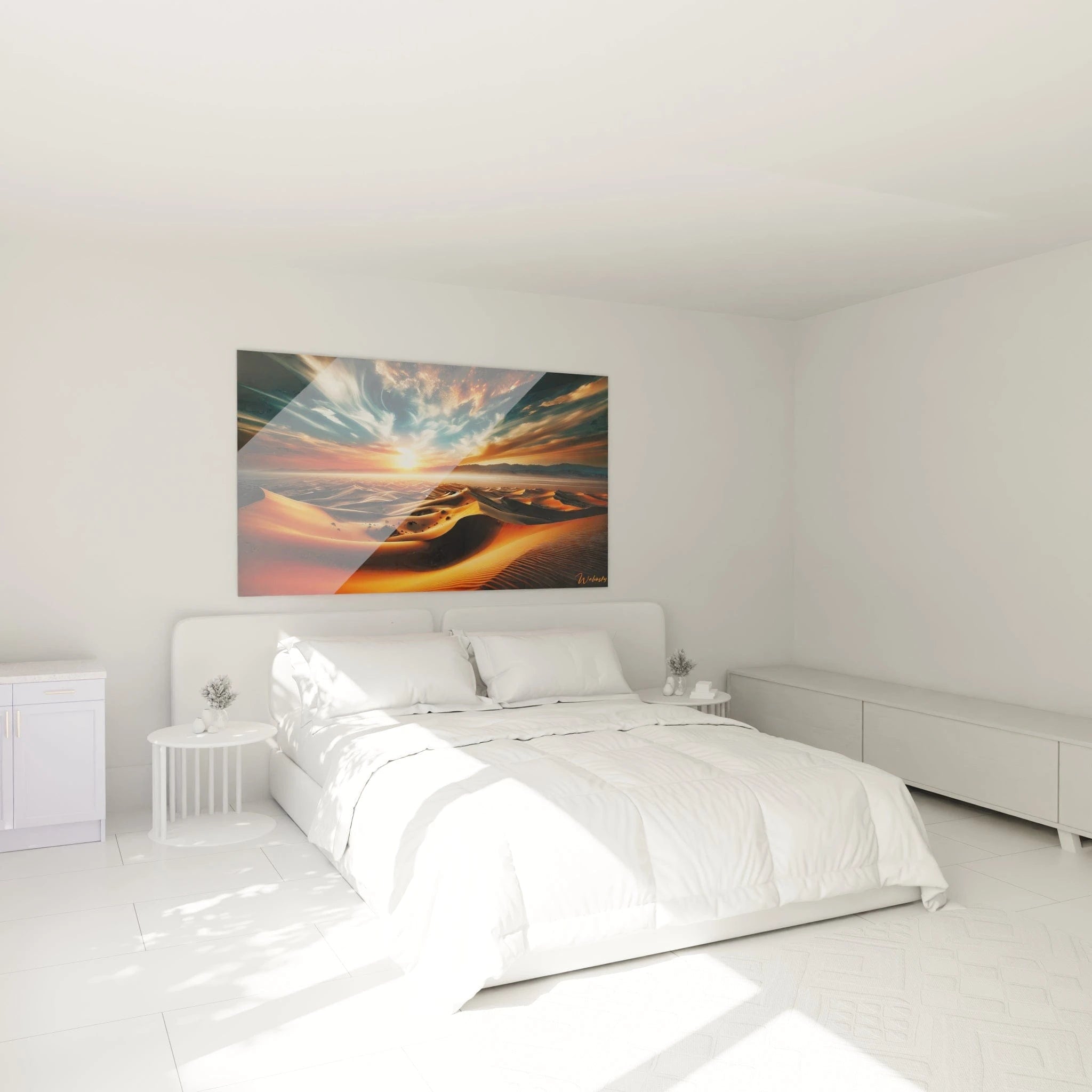Un tableau paysage montrant des dunes désertiques aux tons orange et brun, avec des reliefs sablonneux et un ciel animé de nuages allongés aux reflets chauds.

