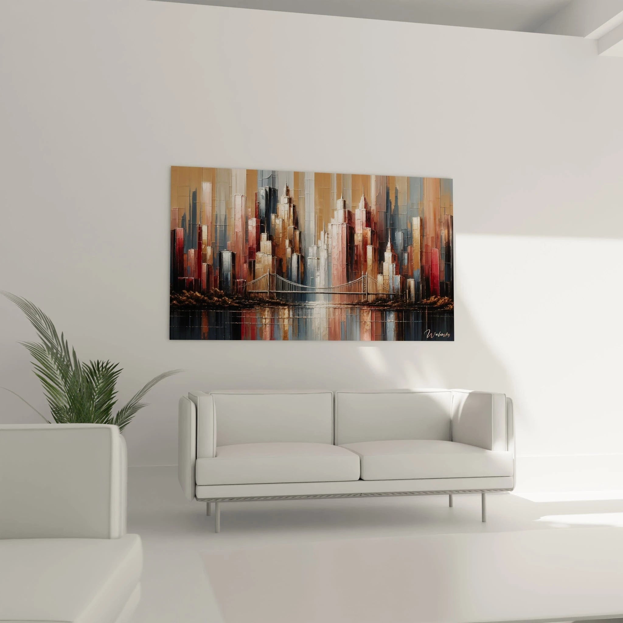 Un tableau abstrait de paysage urbain au coucher du soleil. Les couleurs principales sont brun-rouge, gris argenté, or et bordeaux. La texture montre des bâtiments stylisés construits par empâtements rectangulaires à la spatule, reliés par un pont métallique aux câbles fins, avec des reflets fragmentés dans l'eau qui dédoublent la ville.
