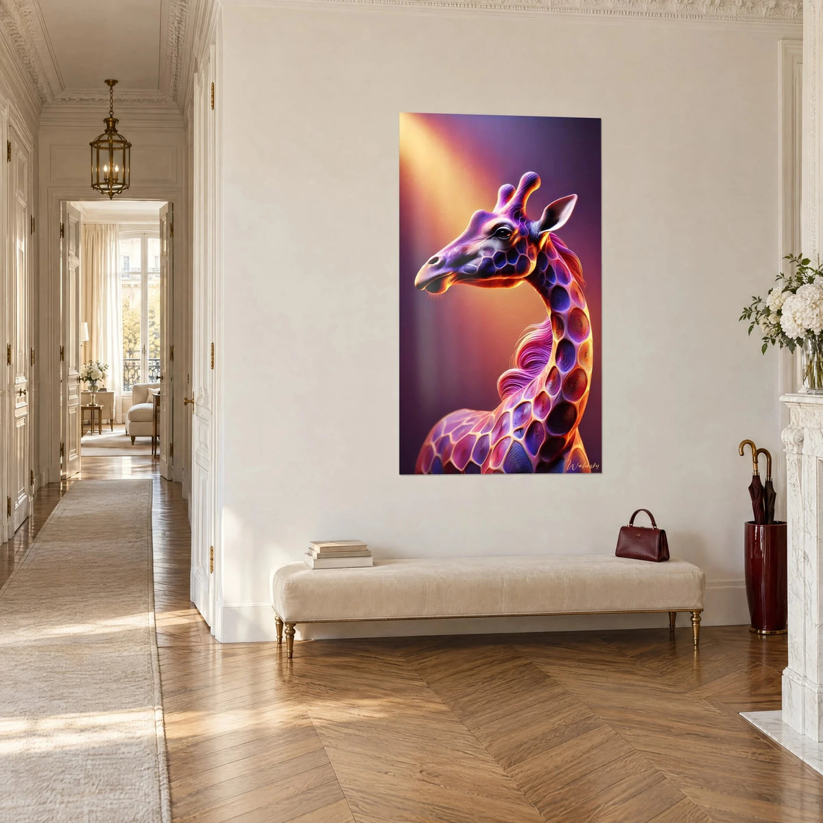 Gemälde langer, gefleckter Hals einer Giraffe in Purpur und Bernstein im Profil, goldenes Licht, aus Dreiviertelansicht in einem Flur