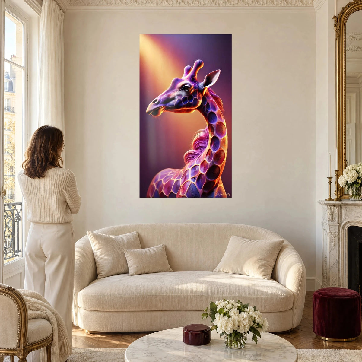 Gemälde Giraffe mit violetten und orangefarbenen Flecken, goldener Strahl oben links, über einem Sofa in einem hellen Wohnzimmer