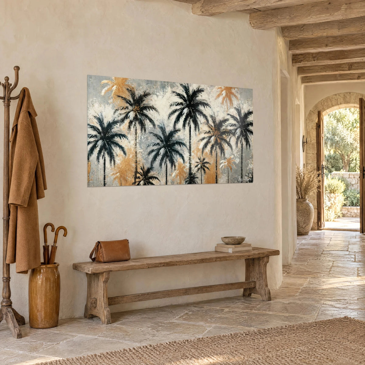 Wall art forest of ink palm trees on pearl grey and ochre gold background, three-quarter view in a stone hallway
