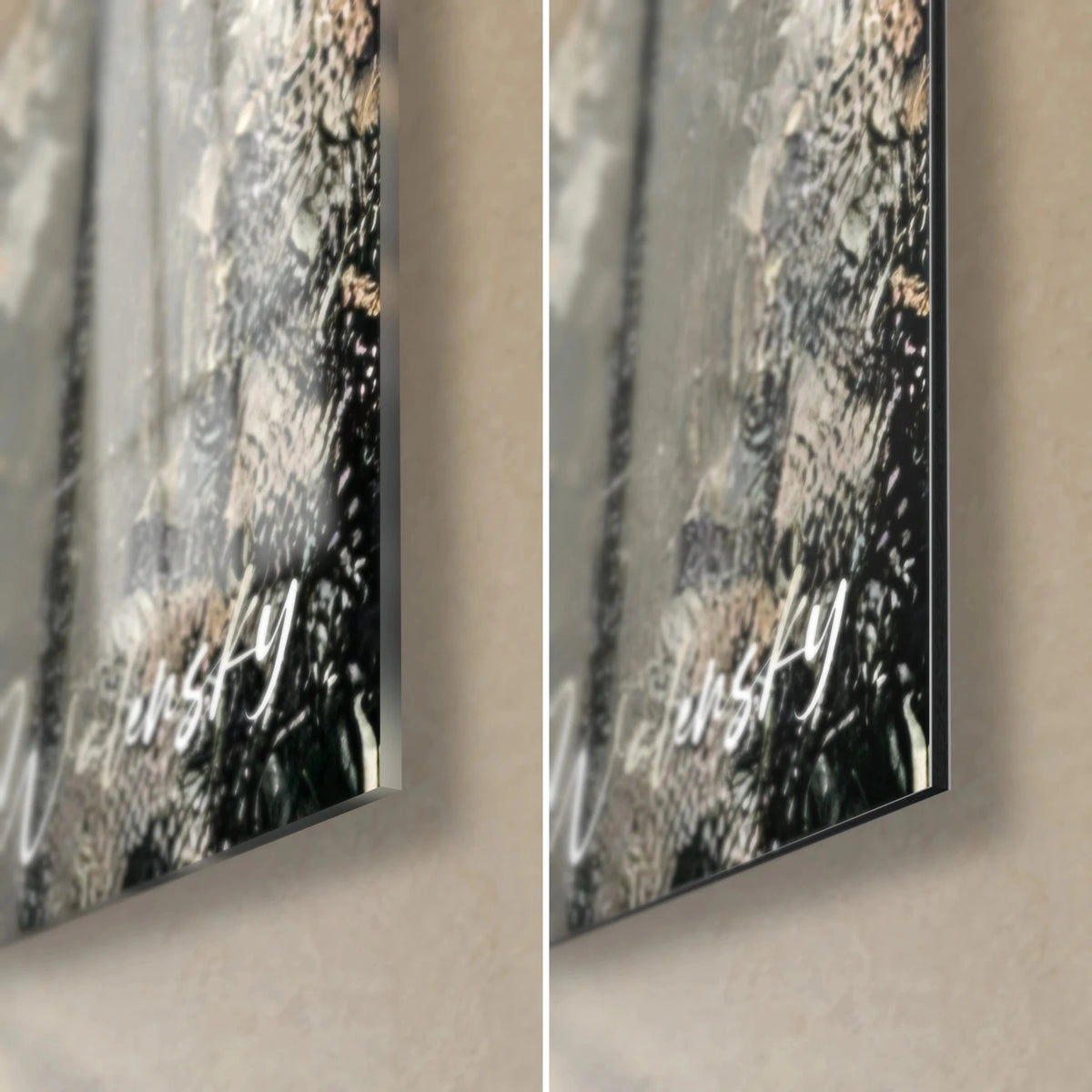 Wall art black palm tree with gold accents, bottom right corner: glossy acrylic glass on the left, matte Dibond on the right, 3 mm edge