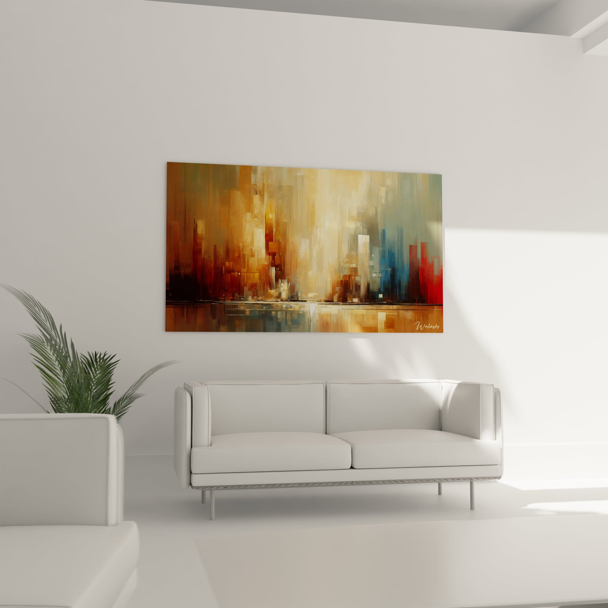 Un tableau abstrait d'horizon métropolitain baigné de lumière. Les couleurs principales sont ocre doré, rouille, bleu-vert et ivoire. La texture montre des rectangles verticaux aux contours flous formant des structures urbaines stylisées, avec une zone centrale éclatante créant un effet d'aube ou de crépuscule qui se miroite dans la surface horizontale du bas.
