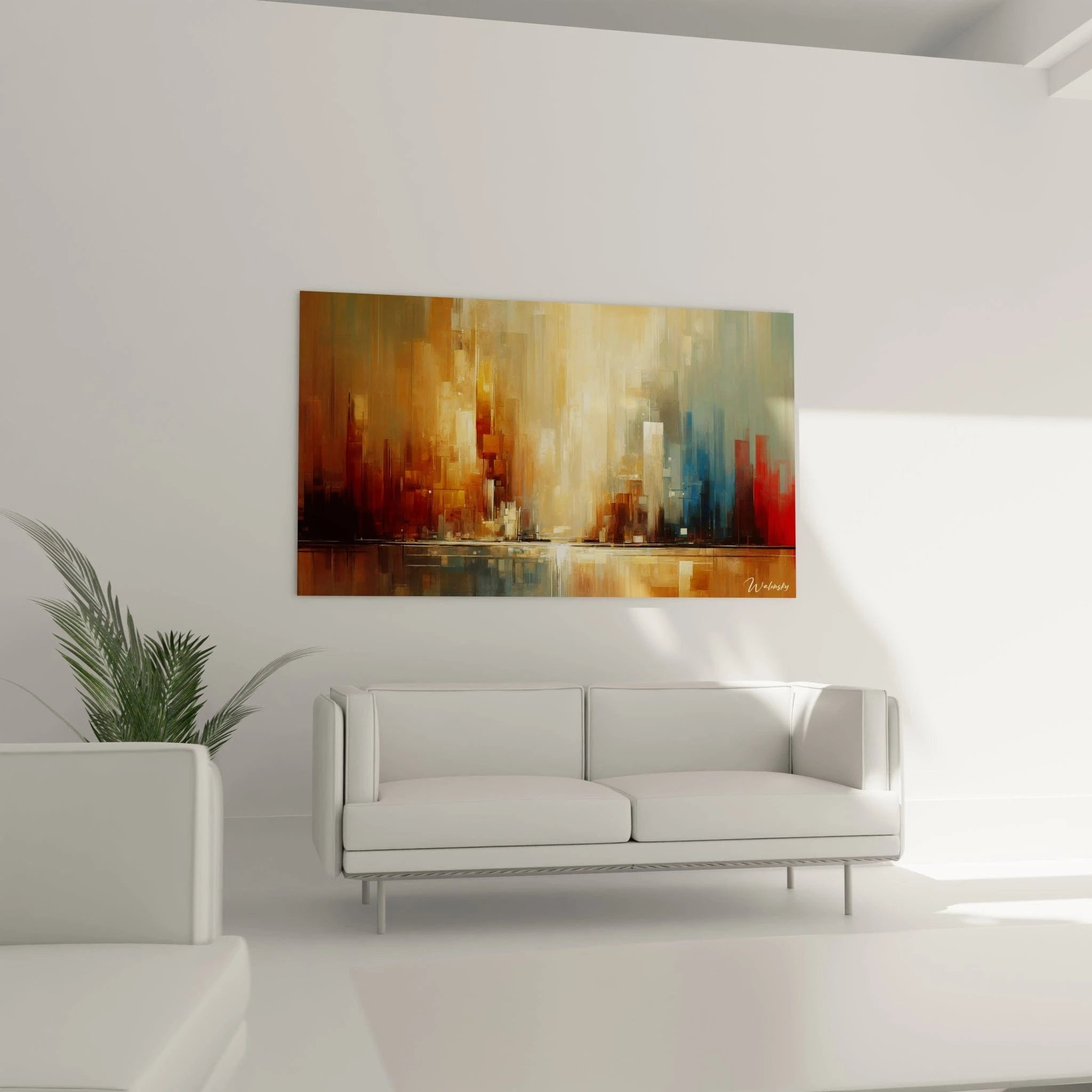 Un tableau abstrait d'horizon métropolitain baigné de lumière. Les couleurs principales sont ocre doré, rouille, bleu-vert et ivoire. La texture montre des rectangles verticaux aux contours flous formant des structures urbaines stylisées, avec une zone centrale éclatante créant un effet d'aube ou de crépuscule qui se miroite dans la surface horizontale du bas.
